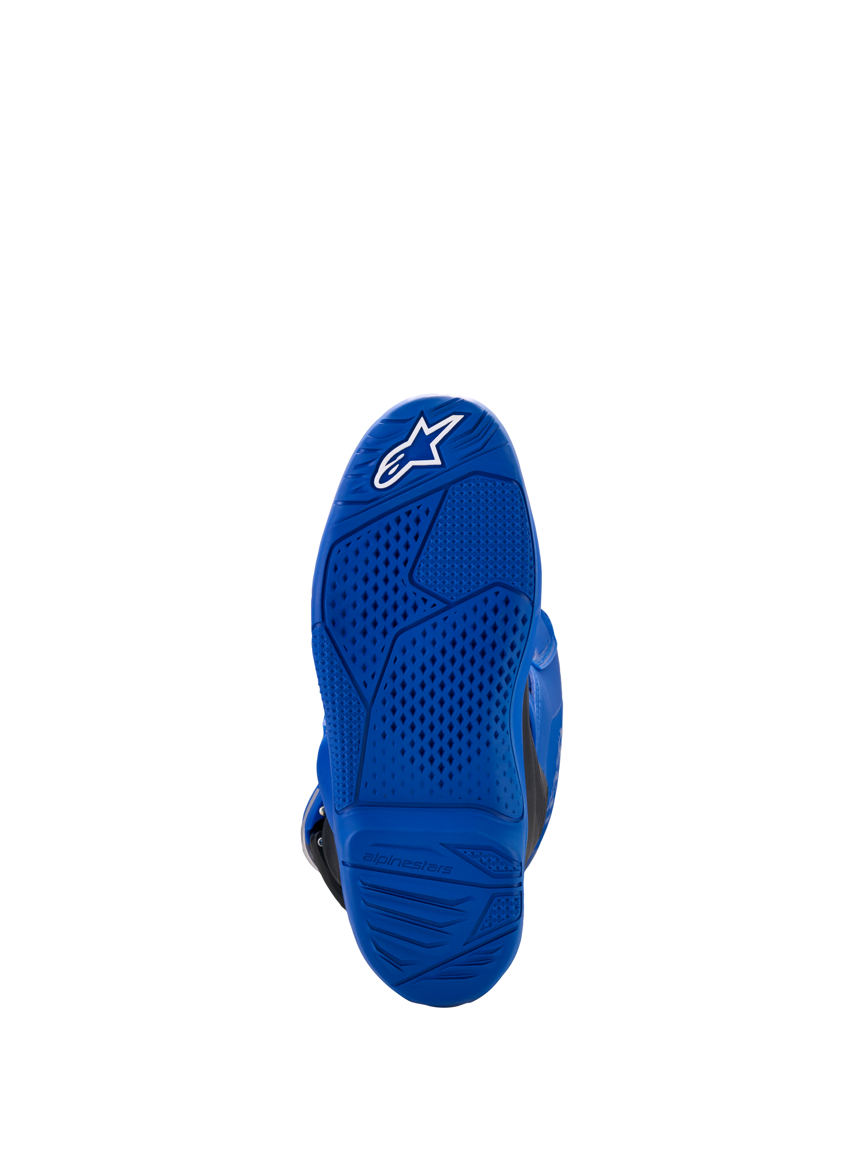 Alpinestars Yamaha Youth Tech 7S støvler, blå, sålvisning med tekstureret grebsmønster og hvidt stjernelogo, holdbar gummikonstruktion til terrænkørsel
