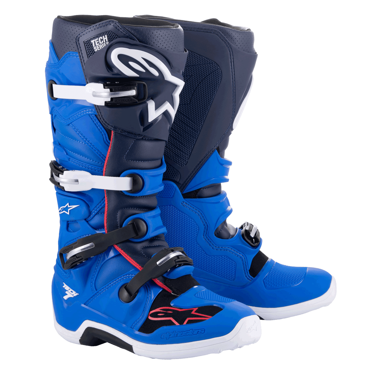 Alpinestars Tech 7 støvler, motocross-støvler, Alpine Blue, Night Navy og Bright Red, hvide og sorte aluminiumsspænder, stort hvidt stjernelogo på skinnebenet, slidstærke hvide såler, beskyttelsesudstyr til terrænkørsel