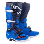 Alpinestars Tech 7 støvler, motocross-støvler, Alpine Blue, Night Navy og Bright Red, hvide og sorte aluminiumsspænder, stort hvidt stjernelogo på skinnebenet, slidstærke hvide såler, beskyttelsesudstyr til terrænkørsel