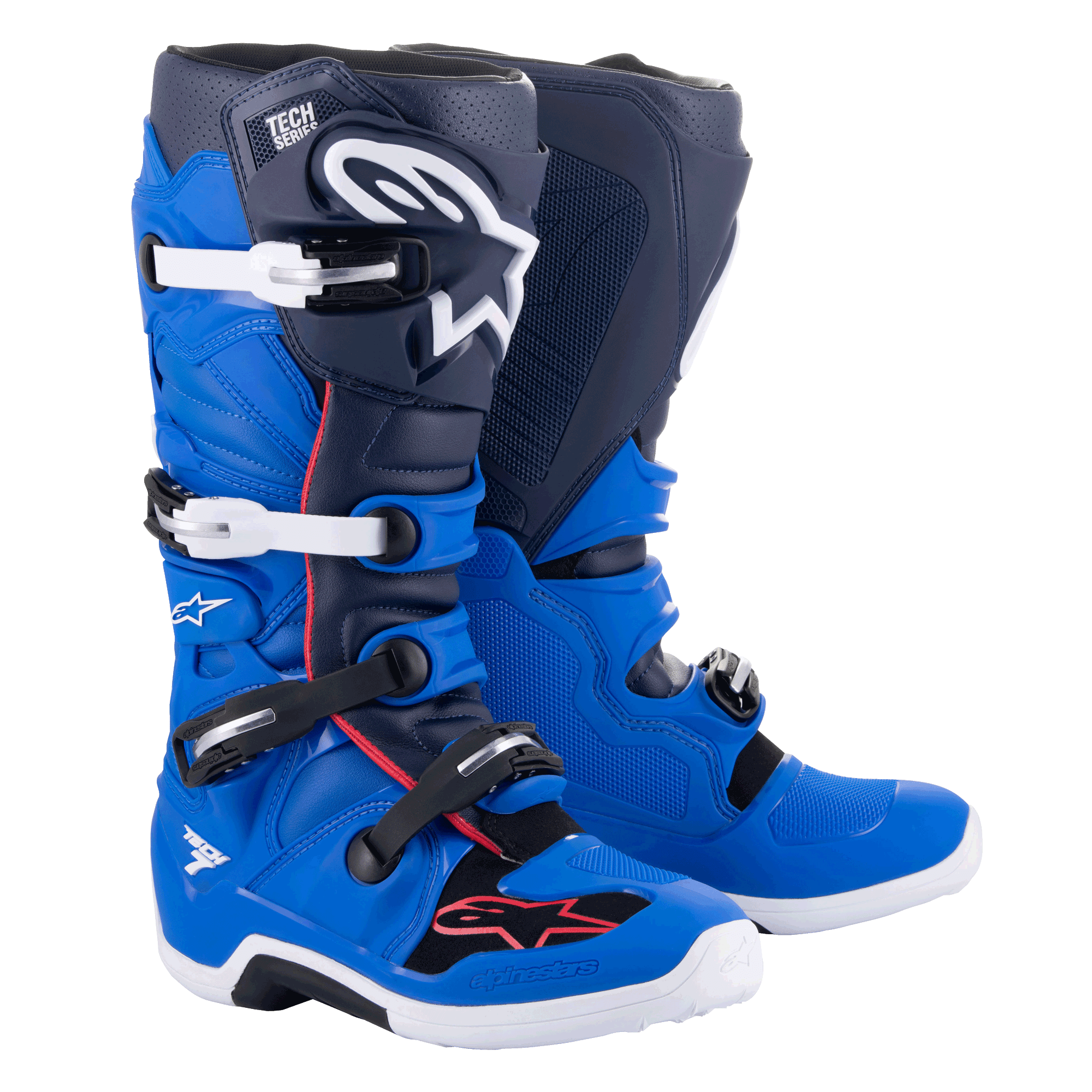 Alpinestars Tech 7 støvler, motocross-støvler, Alpine Blue, Night Navy og Bright Red, hvide og sorte aluminiumsspænder, stort hvidt stjernelogo på skinnebenet, slidstærke hvide såler, beskyttelsesudstyr til terrænkørsel