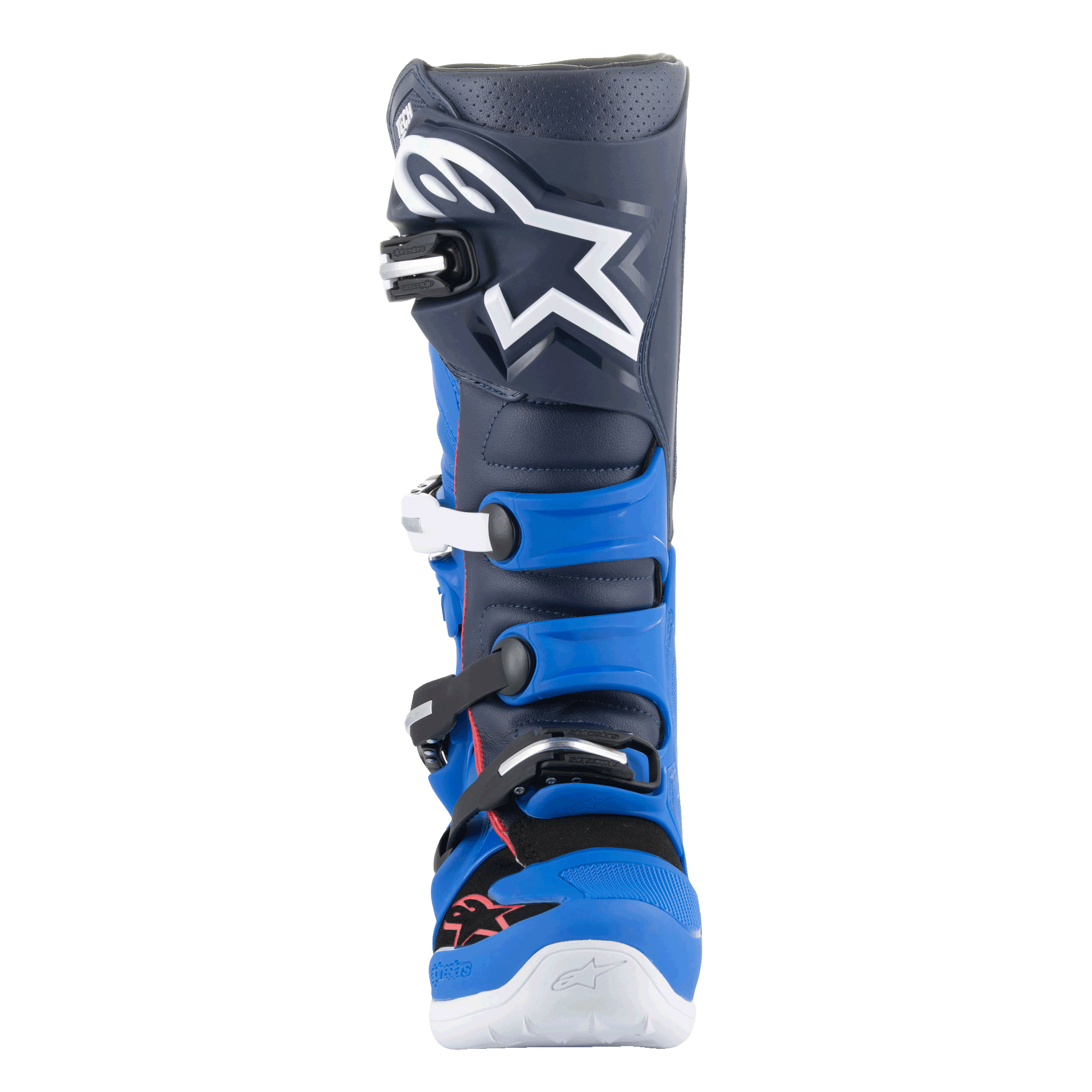 Alpinestars Tech 7 støvler, motocross-støvler, Alpine Blue, Night Navy og Bright Red, set forfra med en mørkeblå overdel, stort hvidt Astars-logo, lyseblå TPU-beskyttelsespaneler og et spændelukkesystem, højtydende fodtøj til terrænkørsel.