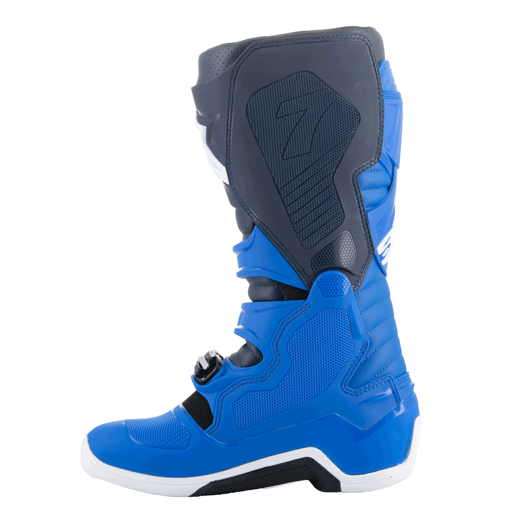 Alpinestars Tech 7 støvler, motocrossstøvler, Alpine Blue, Night Navy og Bright Red, indvendig sidevisning med beskyttende TPU-paneler og forstærket konstruktion til off-road racing
