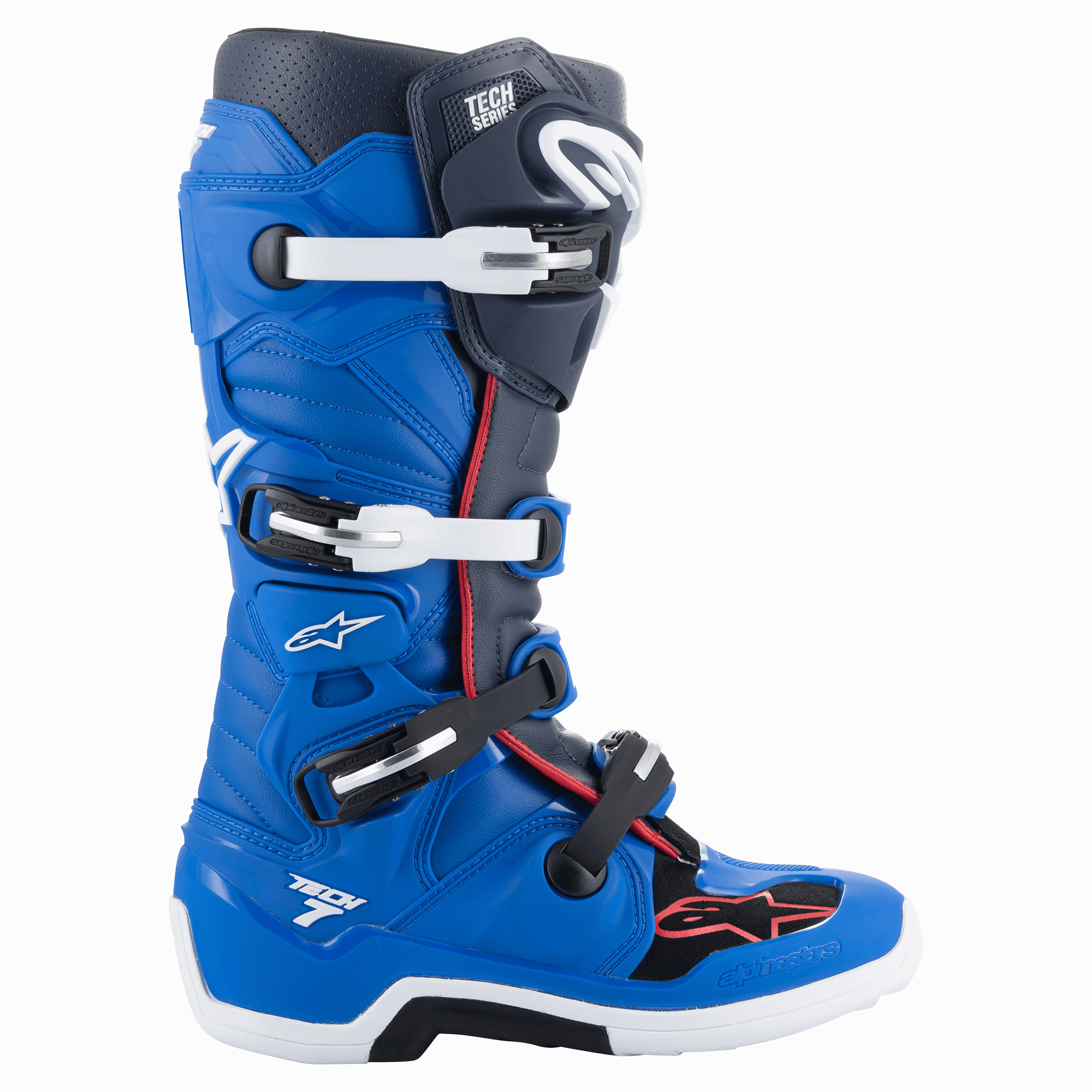 Alpinestars Tech 7 støvler, motocross-støvler, Alpine Blue, Night Navy og Bright Red, high-top design med et lukkesystem med fire spænder, hvide og sorte spænder, hvid sål med sort midterdel, rød accent-kant og Alpinestars-branding, professionel beskyttelse til terrænkørsel