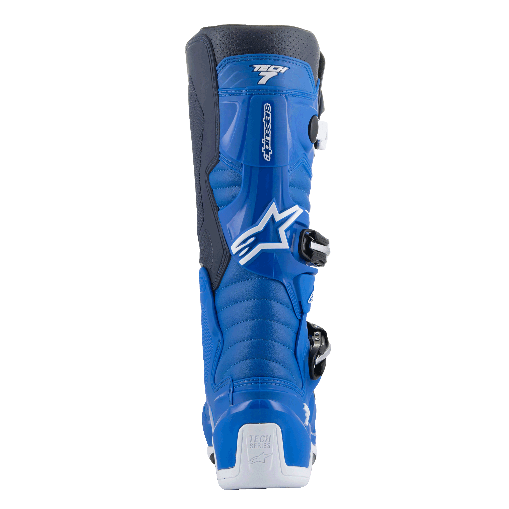 Alpinestars Tech 7 støvler, motocross-støvler, Alpine Blue og Night Navy med hvide detaljer, set bagfra, viser den konturerede lægbeskytter, hvid hælforstærkning med Tech Series-logo og detaljer fra spændesystemet.