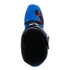 Alpinestars Tech 7 støvler, motocross-støvler, Alpine Blue Night Navy og Bright Red, set oppefra ind i støvlens indre, med blå tåboks, rødt stjernelogo og sort for, professionelt off-road racerfodtøj