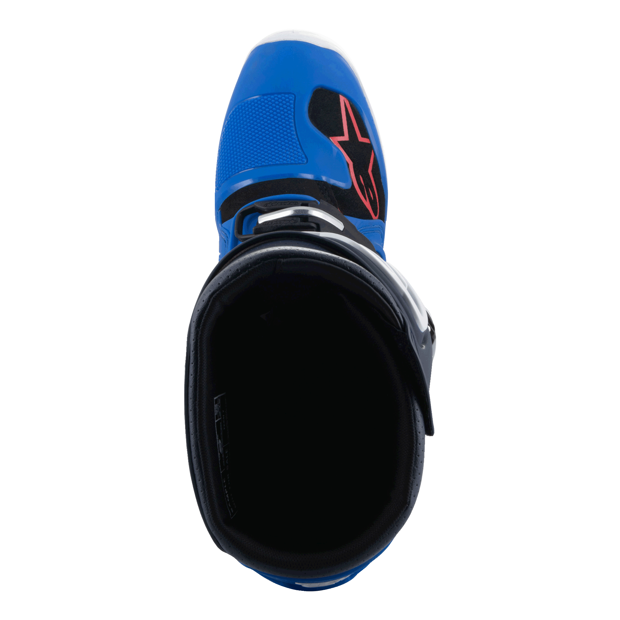Alpinestars Tech 7 støvler, motocross-støvler, Alpine Blue Night Navy og Bright Red, set oppefra ind i støvlens indre, med blå tåboks, rødt stjernelogo og sort for, professionelt off-road racerfodtøj