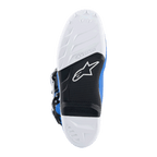 Alpinestars Tech 7 støvler, motocross-støvler, Alpine blå og hvid, bundvisning af sålen med hvidt grebsmønster, sort svang med udskiftelig fodstøtteindsats og Alpinestars-logo, holdbart materiale til off-road kørsel
