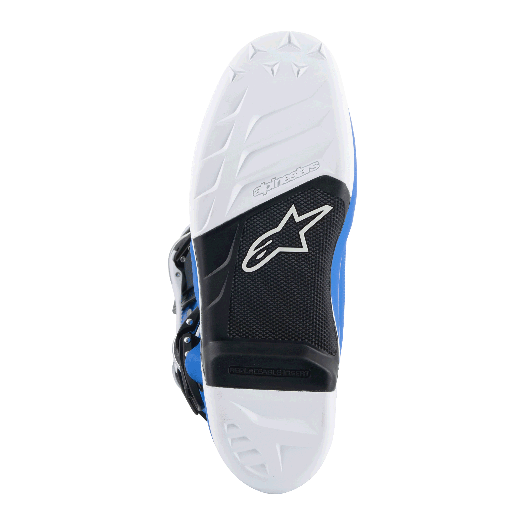 Alpinestars Tech 7 støvler, motocross-støvler, Alpine blå og hvid, bundvisning af sålen med hvidt grebsmønster, sort svang med udskiftelig fodstøtteindsats og Alpinestars-logo, holdbart materiale til off-road kørsel