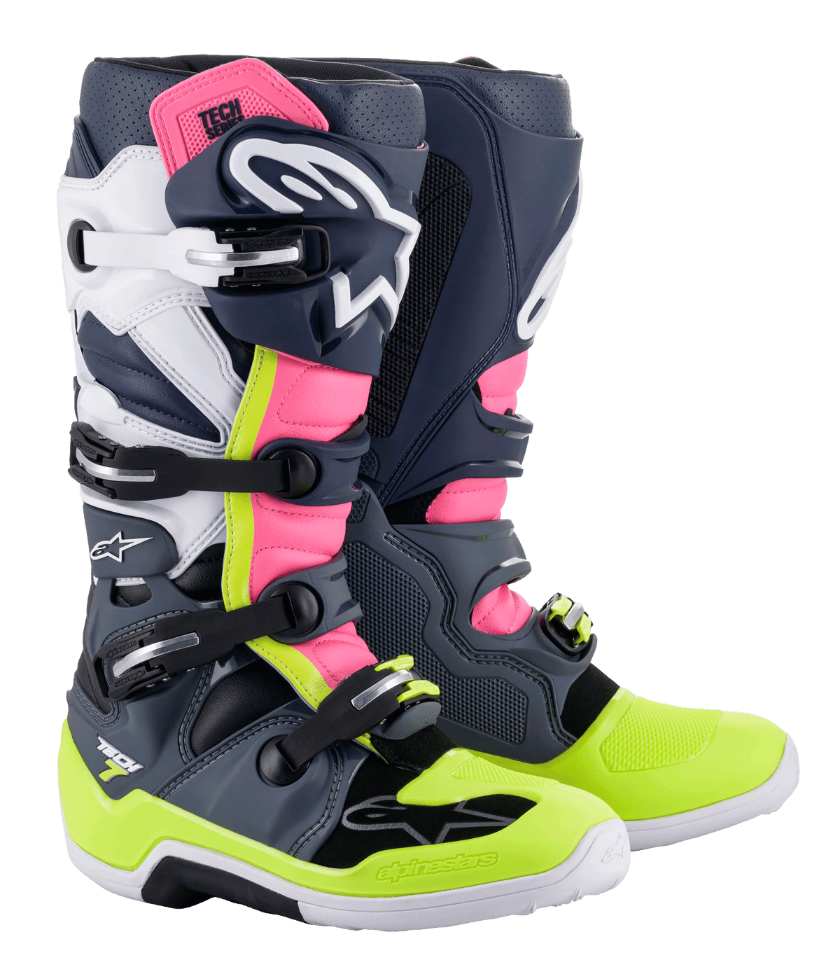 Alpinestars Tech 7-støvler, motocross-støvler, mørkegrå, mørkeblå, pink fluo og neongul, med et lukkesystem med flere spænder, TPU-beskyttelsespaneler og Alpinestars-branding til off-road racing