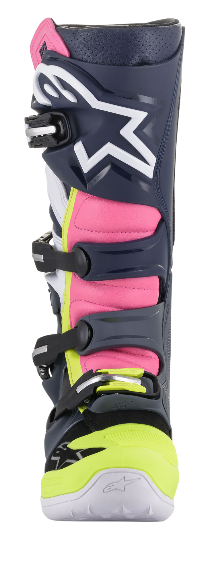 Alpinestars Tech 7 Boots, Motocross Boots, Dark Gray, Dark Blue, and Pink Fluo, rear-angled view highlighting the buckle system and pink accordion panels, high-performance protective design for off-road riding