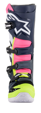 Alpinestars Tech 7 Boots, Motocross Boots, Dark Gray, Dark Blue, and Pink Fluo, rear-angled view highlighting the buckle system and pink accordion panels, high-performance protective design for off-road riding