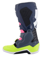 Alpinestars Tech 7 Boots, Motocross Boots, Dark Gray, Dark Blue, Pink Fluo, and Neon Yellow, side profile view, featuring innovative buckle closure system and biomechanical ankle protection, high-performance off-road footwear
