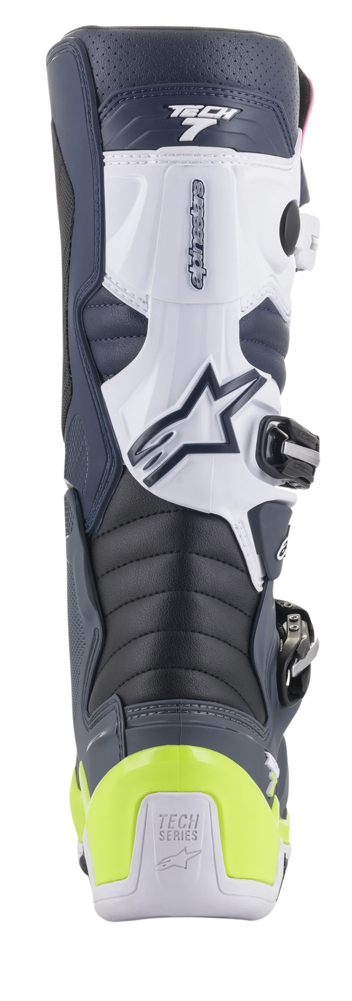 Alpinestars Tech 7 Boots, Motocross Boots, rear view showing Dark Blue, White, and Dark Gray colorway with bright yellow-fluo heel protector, featuring accordion flex zones and Tech Series branding.