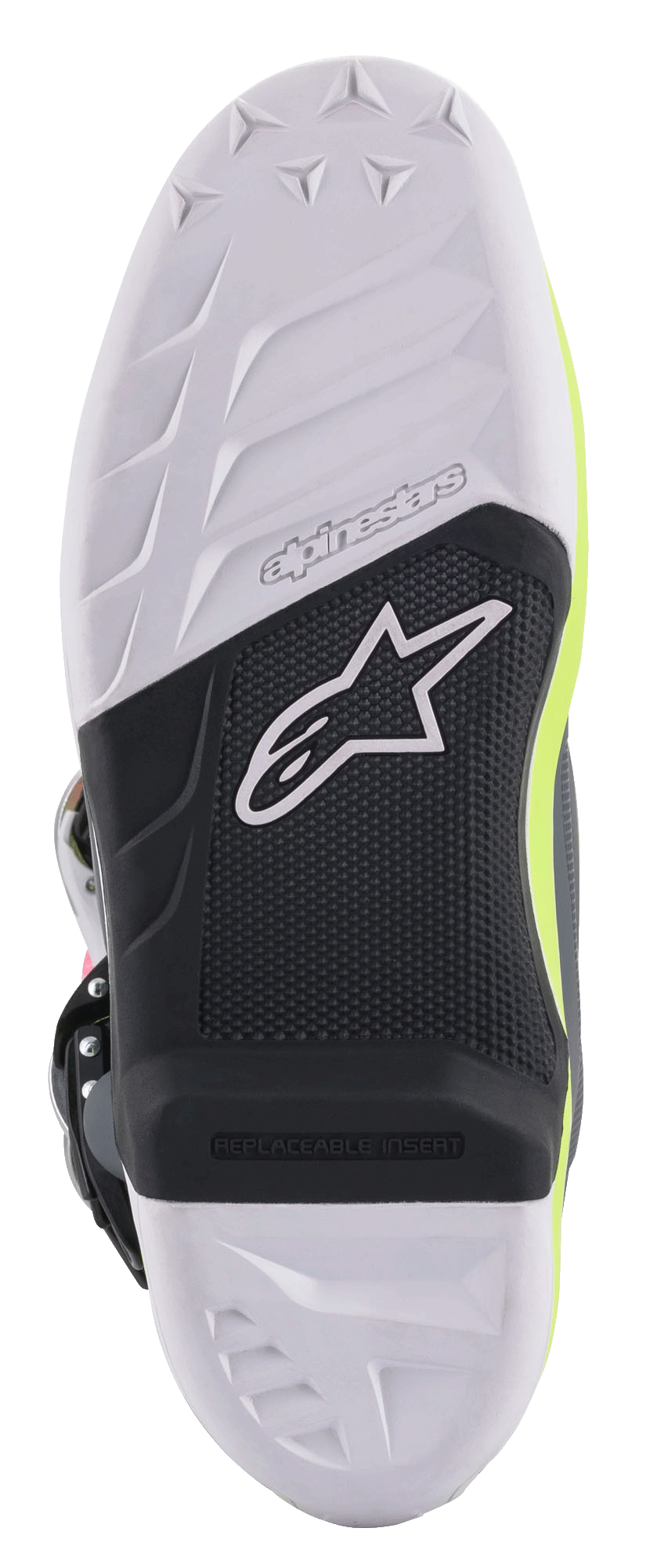 Alpinestars Tech 7 Boots, Motocross Boots, detailed view of the sole featuring a white and black compound design, replaceable footpeg insert, textured grip with the Alpinestars star logo, and fluorescent yellow accents