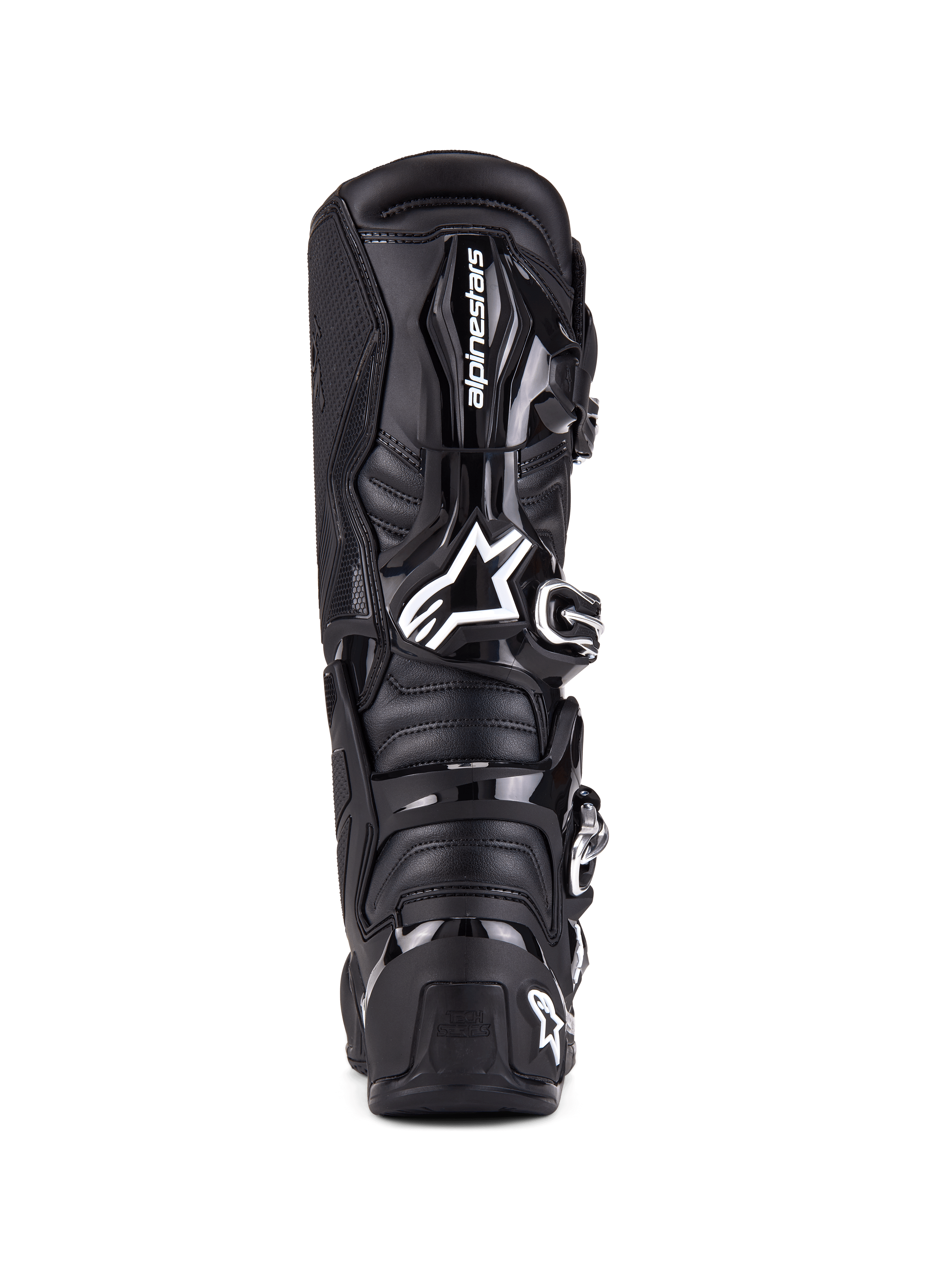 Alpinestars Tech 7 støvler, motocross-støvler, sort, set bagfra med TPU-beskyttelse, spændesystem og karakteristisk branding