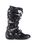 Alpinestars Tech 7 støvler, motocross off-road støvler, sort med sølvspænder og hvide detaljer, sideprofil med fire hurtigudløsnings-aluminiumsspænder, holdbar TPU-skal og teksturerede paneler til off-road beskyttelse