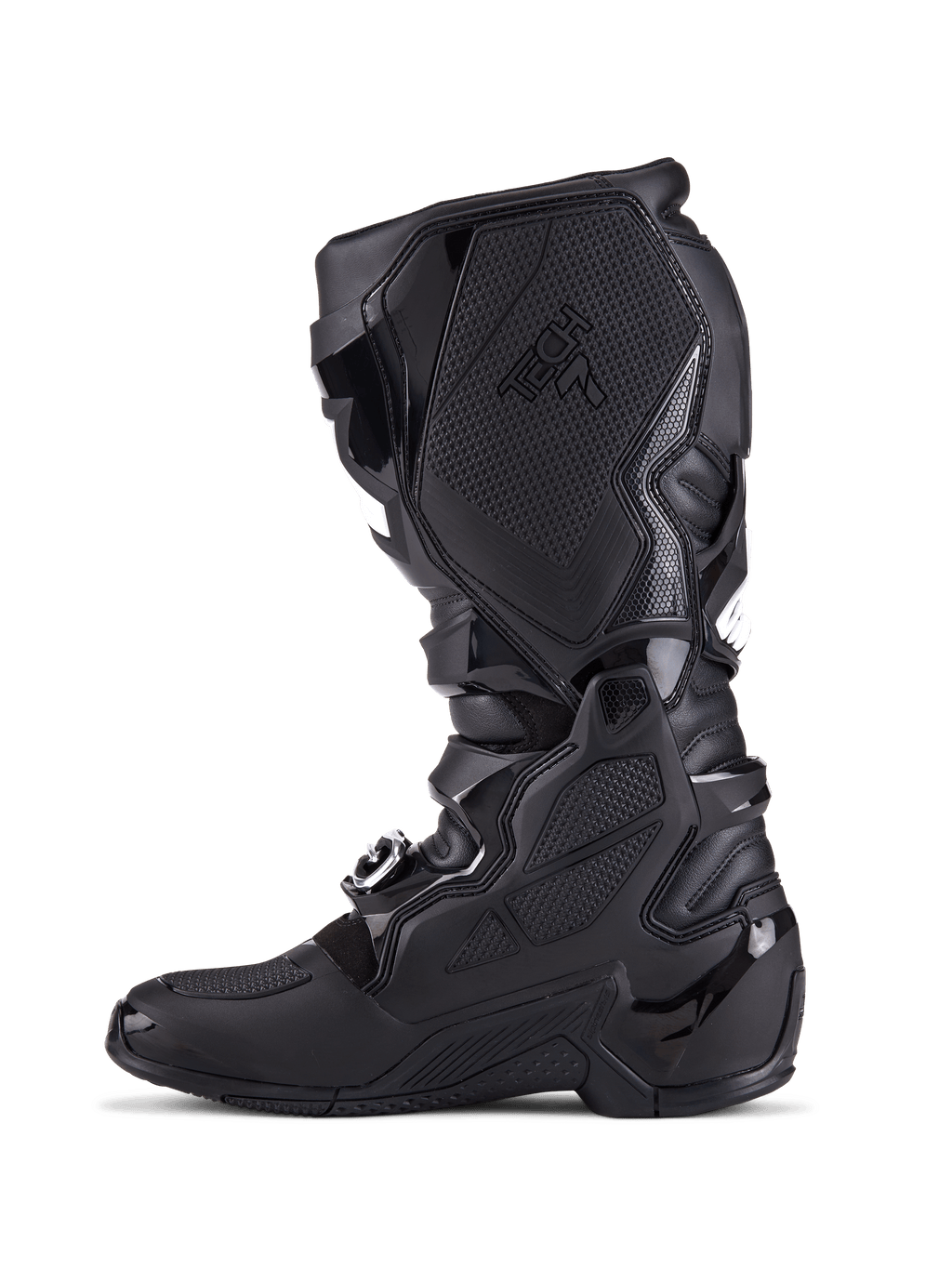 Alpinestars Tech 7 støvler, motocross-støvler, helt sort, sideprofil der viser TPU-beskyttelsesplader, spændelukningssystem og teksturerede grebspaneler, professionelt fodtøj til terrænkørsel