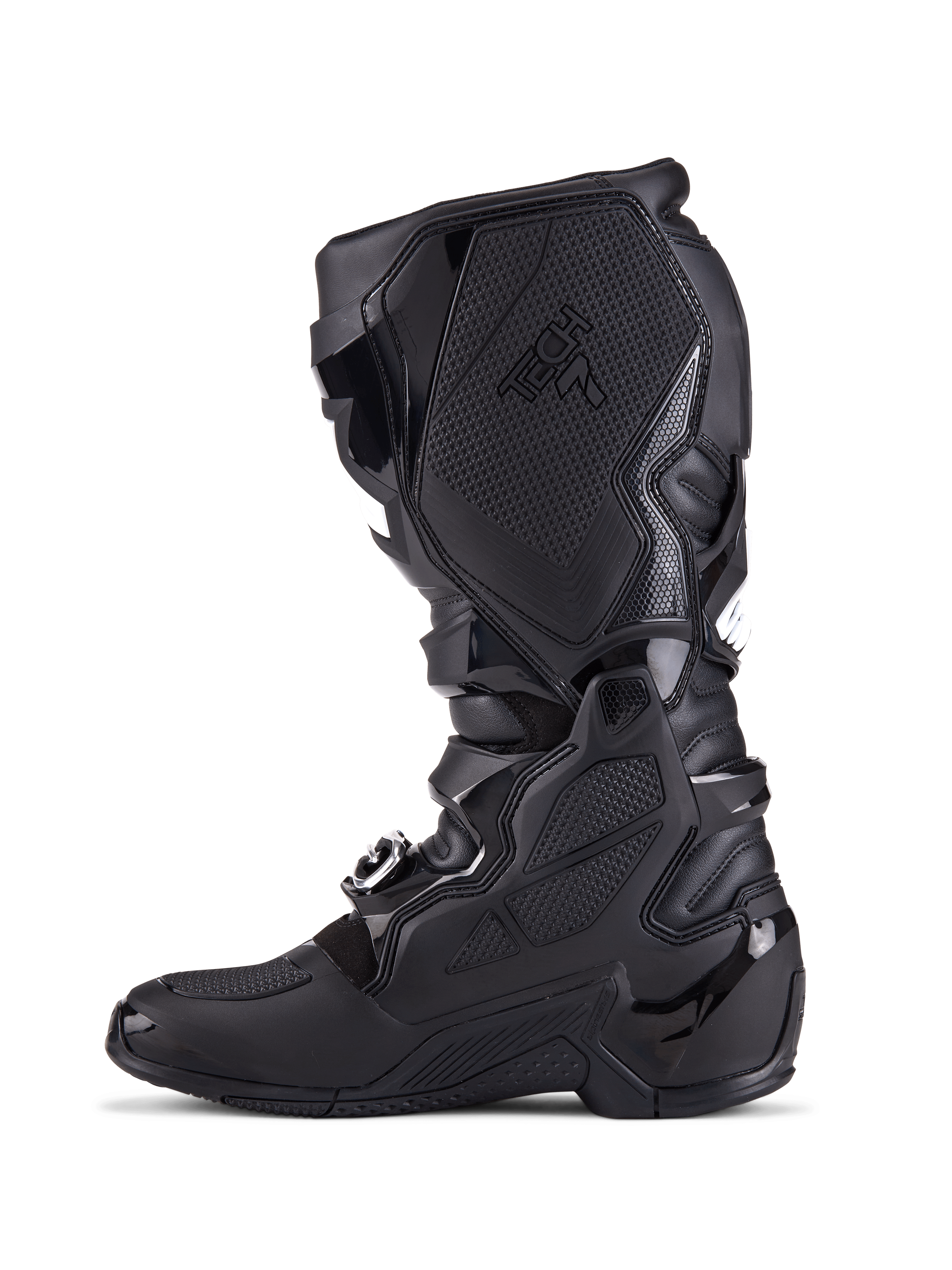 Alpinestars Tech 7 støvler, motocross-støvler, helt sort, sideprofil der viser TPU-beskyttelsesplader, spændelukningssystem og teksturerede grebspaneler, professionelt fodtøj til terrænkørsel