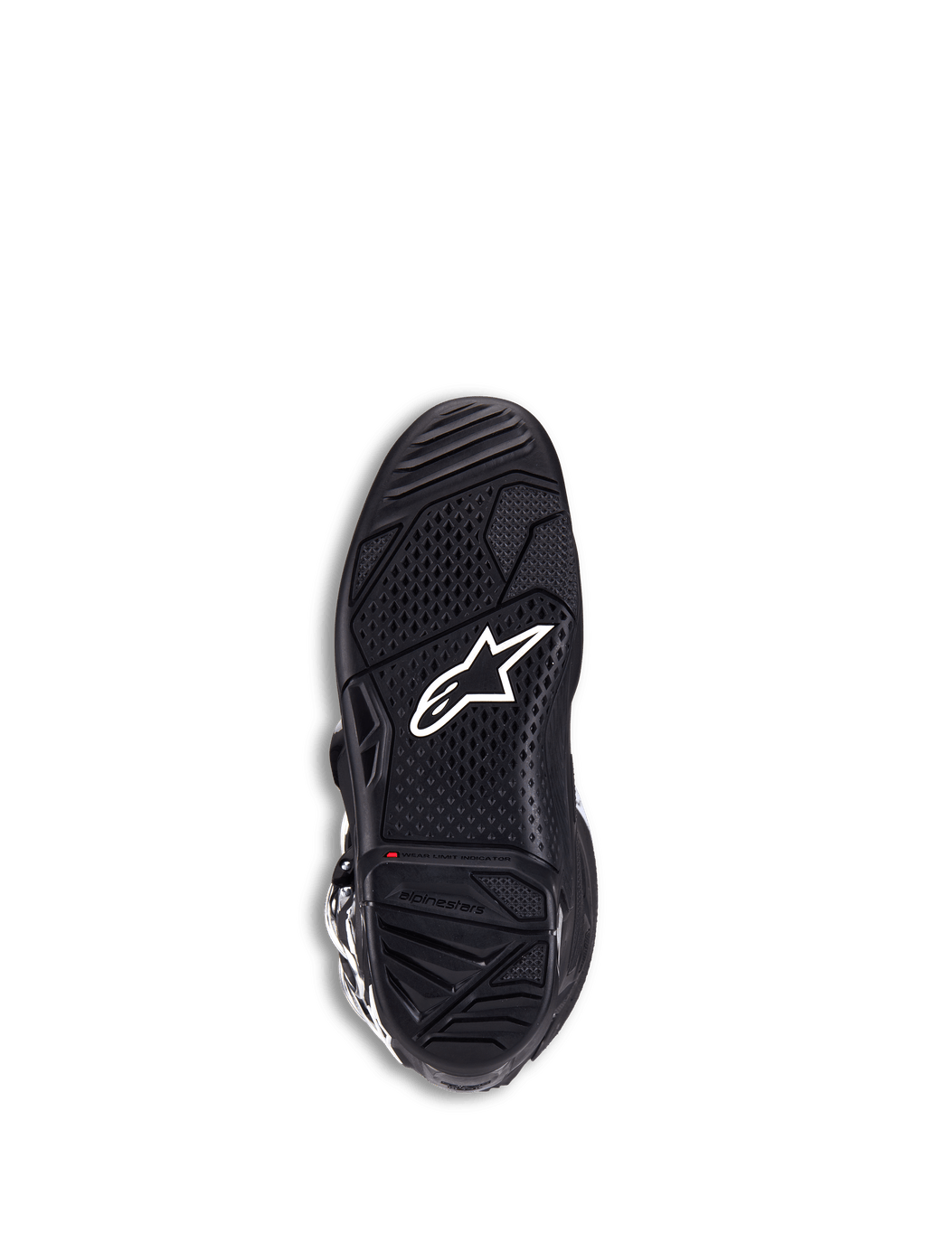 Alpinestars Tech 7 støvler, motocross-støvler, sort, visning af sålen med hvidt stjernelogo, tekstureret dobbeltforbindelsesgummi for maksimalt greb, rød slidgrænseindikator