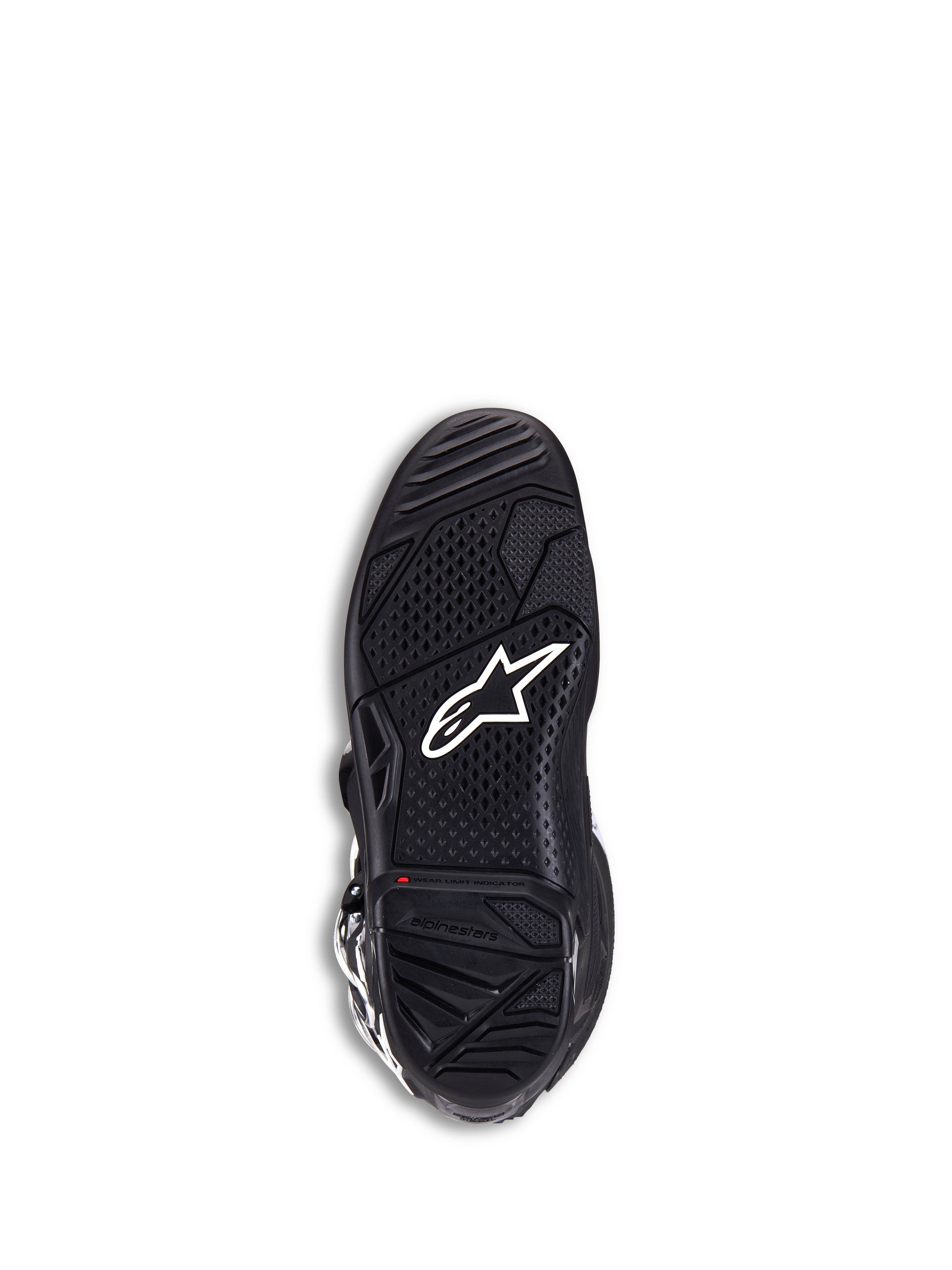 Alpinestars Tech 7 støvler, motocross-støvler, sort, visning af sålen med hvidt stjernelogo, tekstureret dobbeltforbindelsesgummi for maksimalt greb, rød slidgrænseindikator