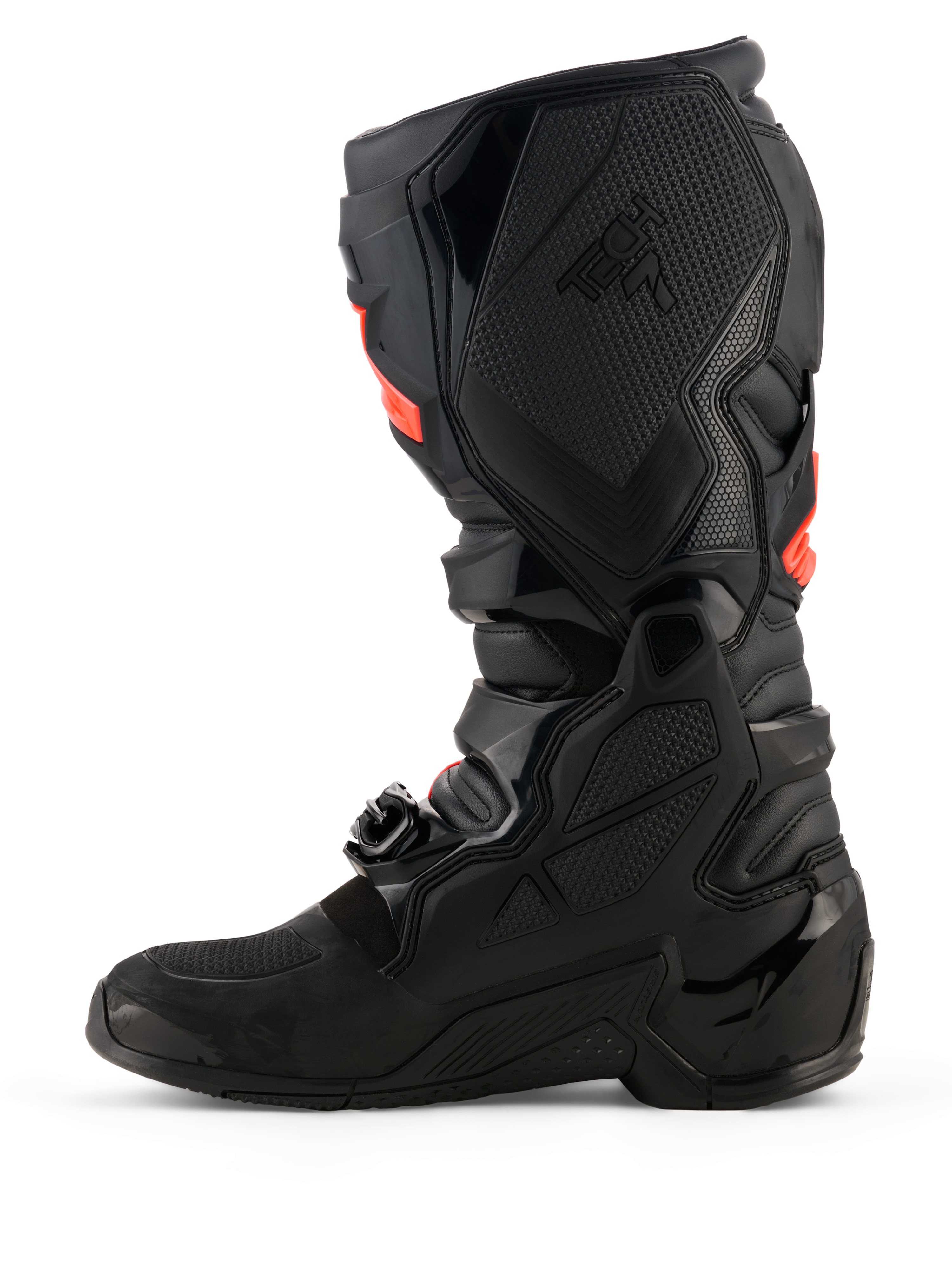 Alpinestars Tech 7 Boots, Motocross Boots, Black with Red Fluo accents, medial side profile view featuring TPU protective shells, buckle system, and textured grip panels for off-road performance