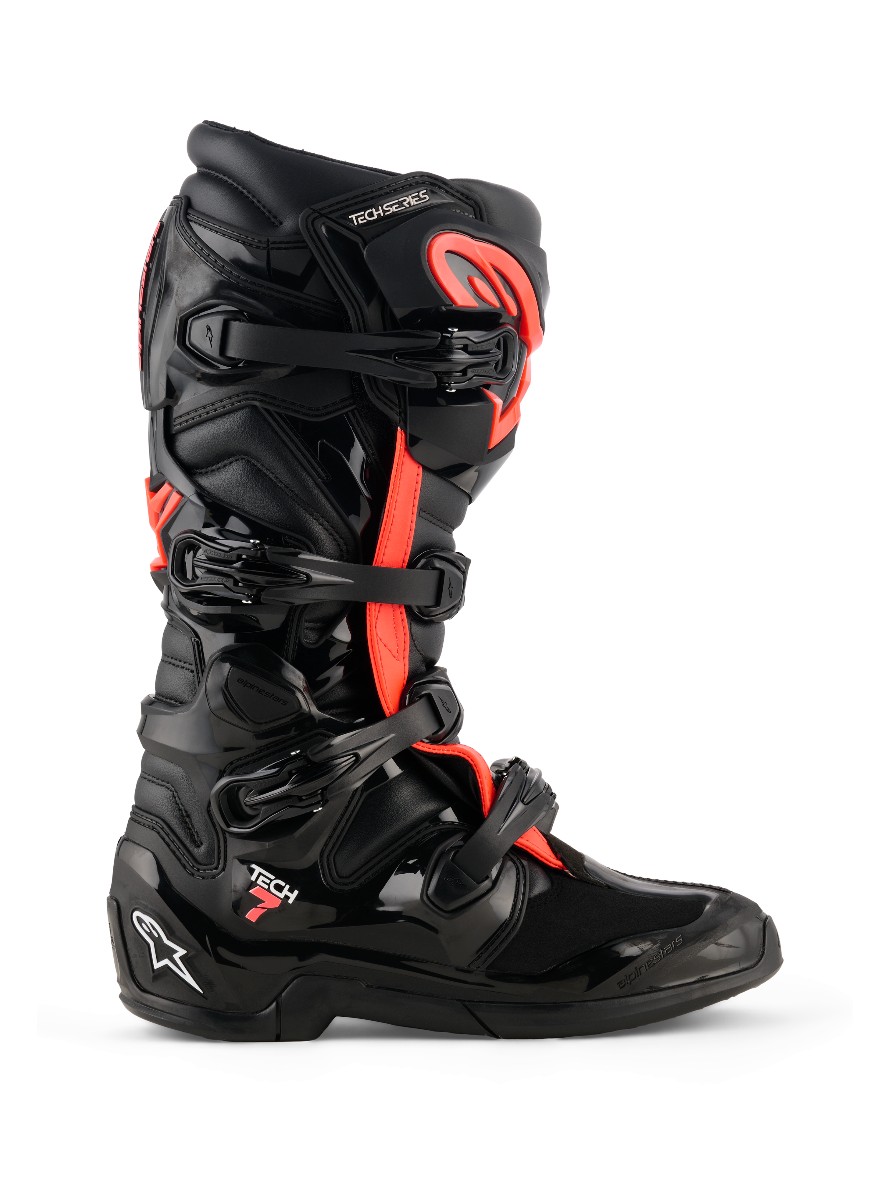 Alpinestars Tech 7 støvler, motocross-støvler, sort og rød fluo, sideprofil, med fire spænder, TPU-beskyttelsesskal med 'Tech 7'-logo og hvidt Astars-logo på hælen, holdbart off-road racing-fodtøj