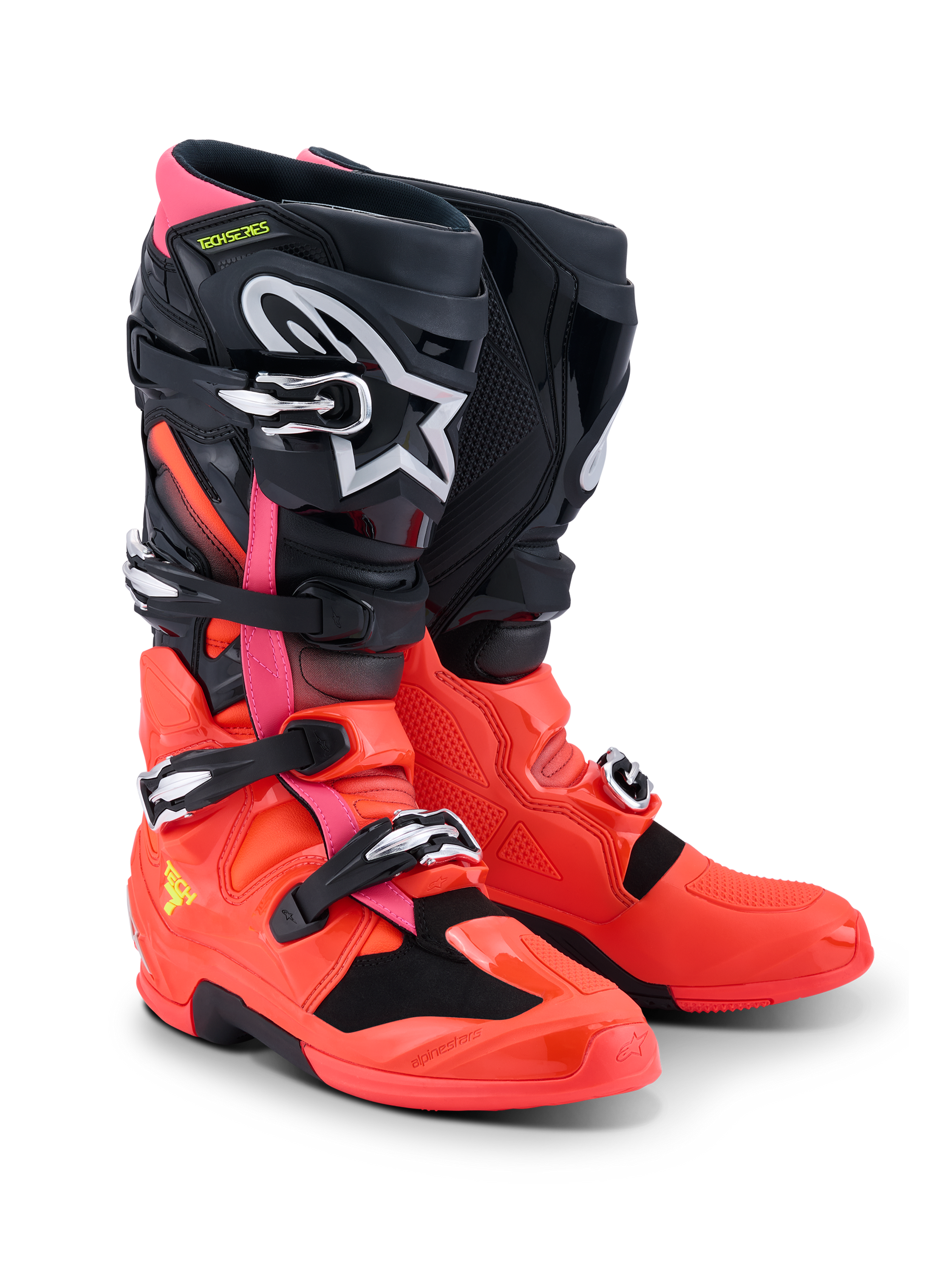 Alpinestars Tech 7 Boots, Motocross Boots, Black Red Fluo and Pink Fluo, featuring quick-release buckles, dual-pivot system, and TPU protective shell, durable performance gear for off-road riding