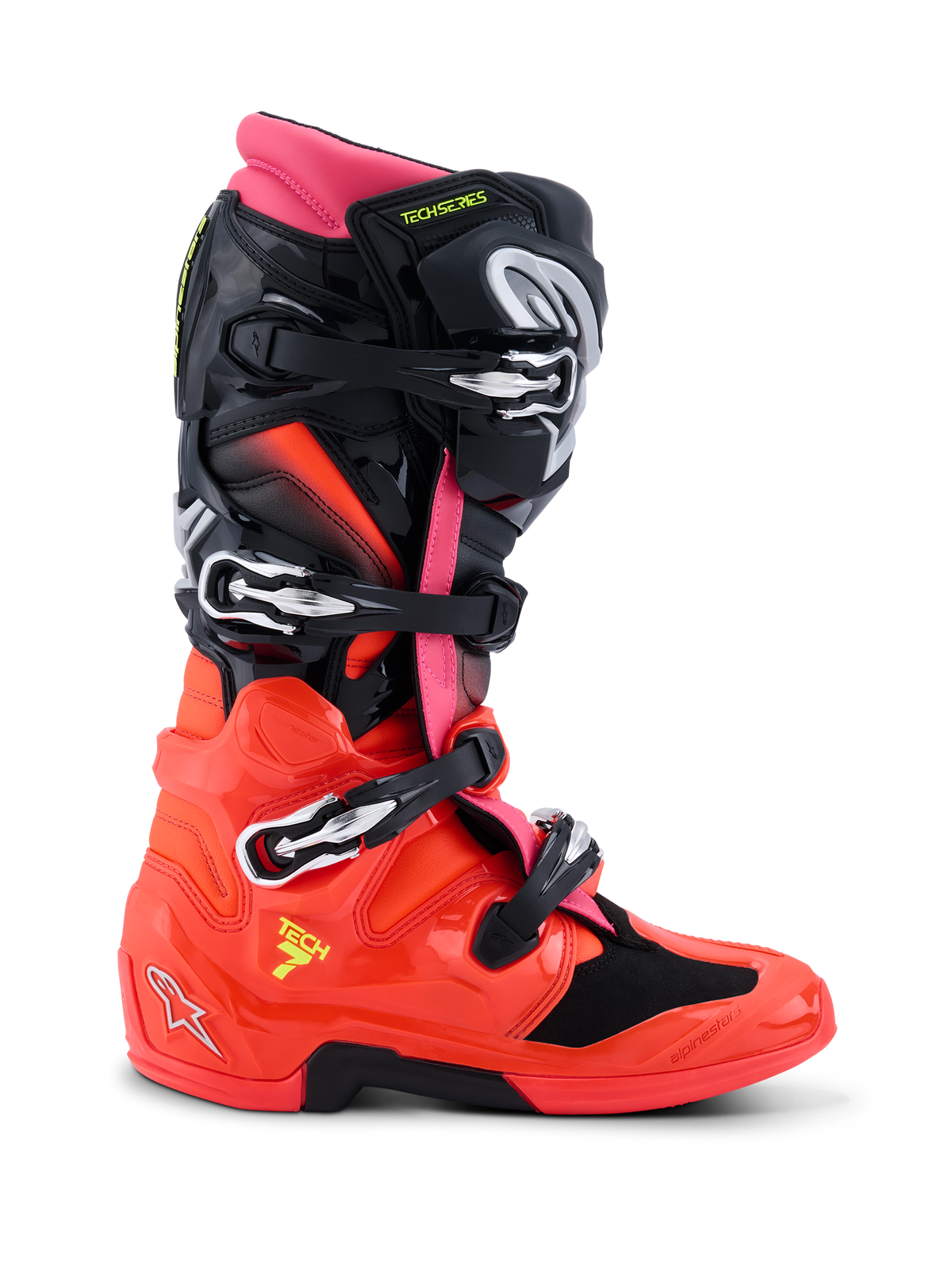 Alpinestars Tech 7 støvler, motocross-støvler, sort rød fluo og pink fluo, sideprofil der viser teknisk design med hurtigudløsningsspænder, blank TPU-underskal og dobbelt drejesystem til terrænkørsel