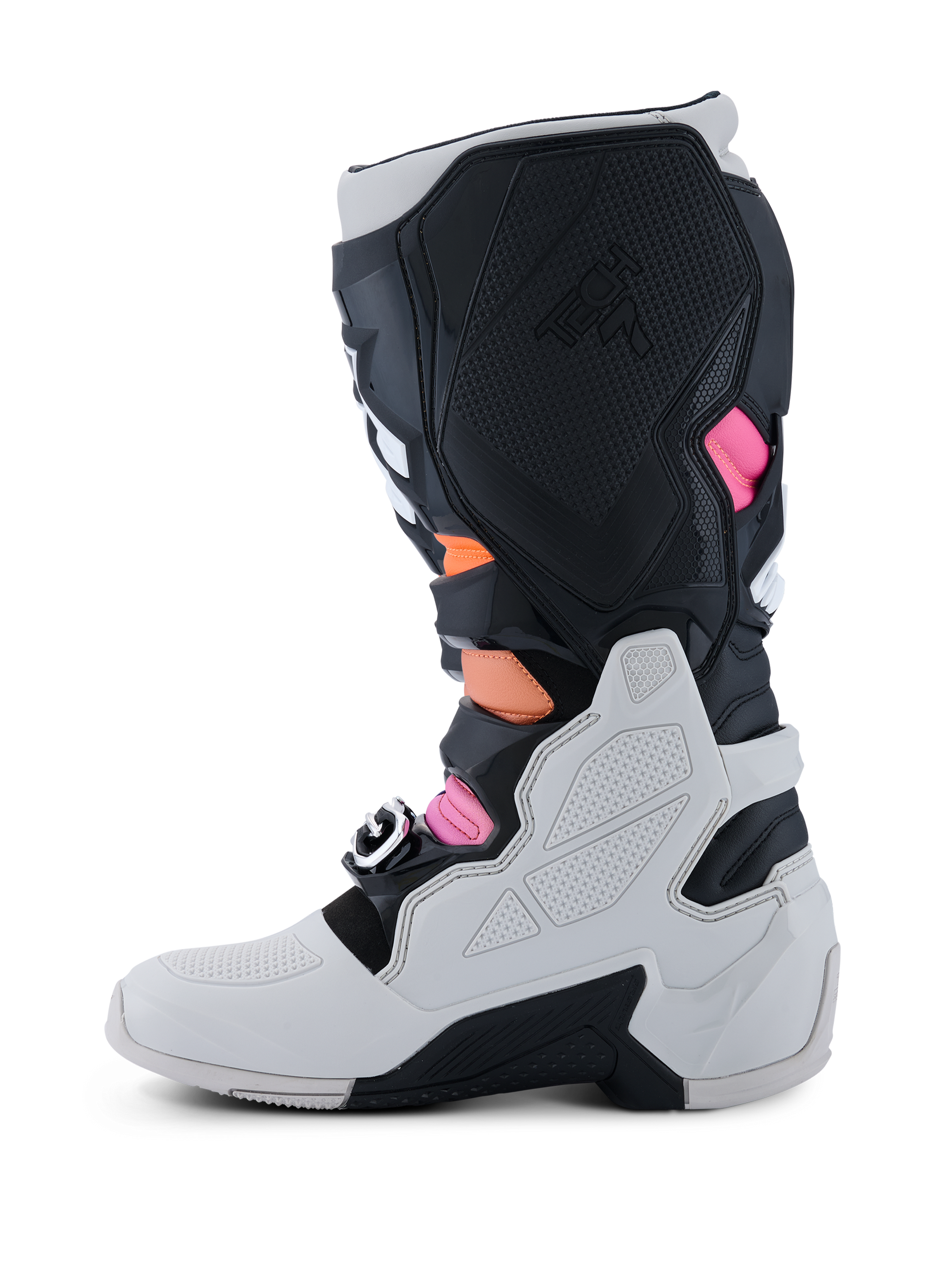 Alpinestars Tech 7 Støvler, motocross-støvler, sort, lysegrå, orange fluo og magenta, medial sideprofil med en lysegrå nedre skal, sorte TPU-paneler med Tech 7-branding og levende orange og magenta accenter.