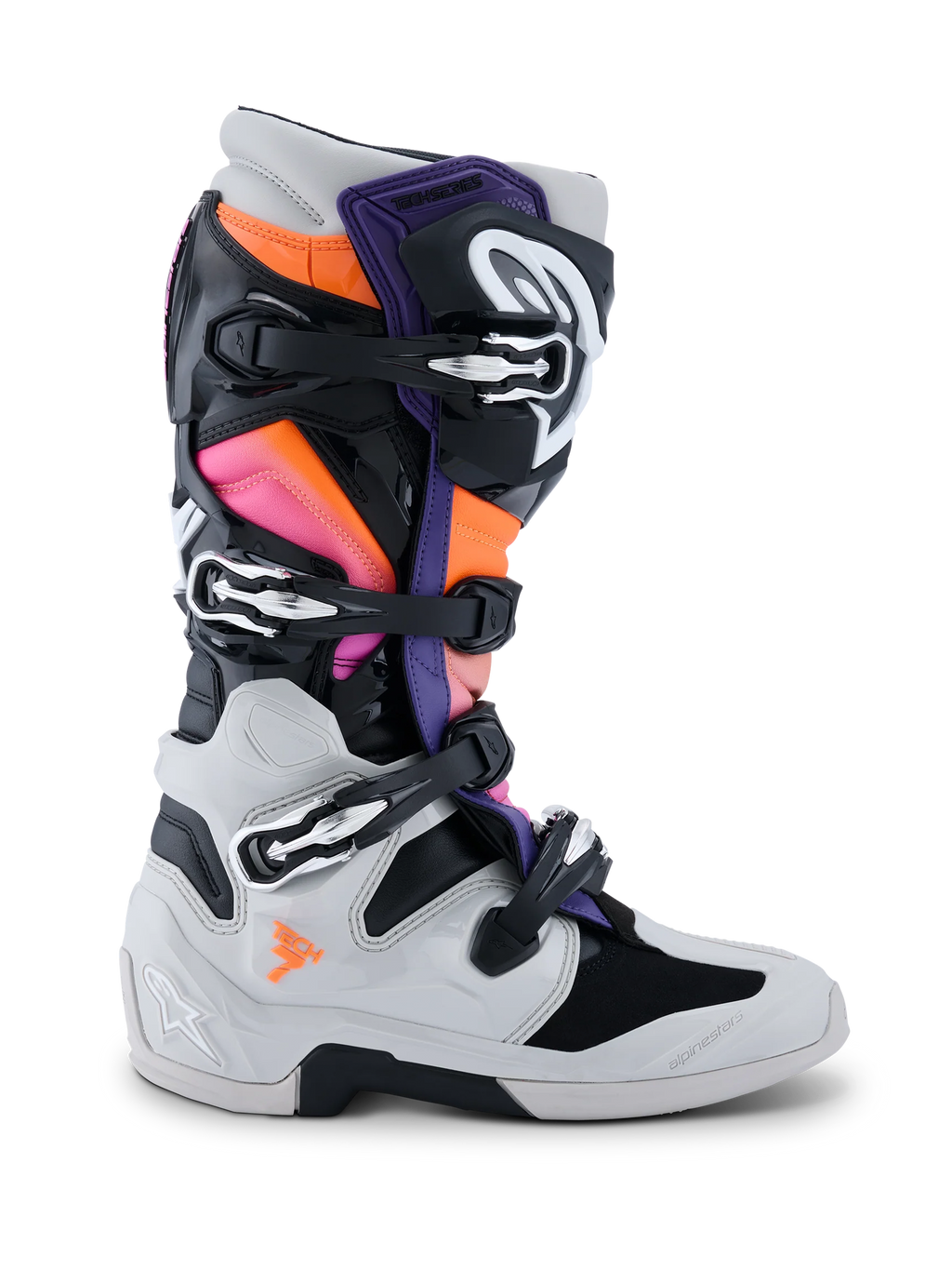 Alpinestars Tech 7 støvler, motocross-støvler, sort, lysegrå, neon orange og magenta, set fra siden, med et lukkesystem med flere spænder, TPU-beskyttelsesskal og livlige farvepaneler til off-road kørsel