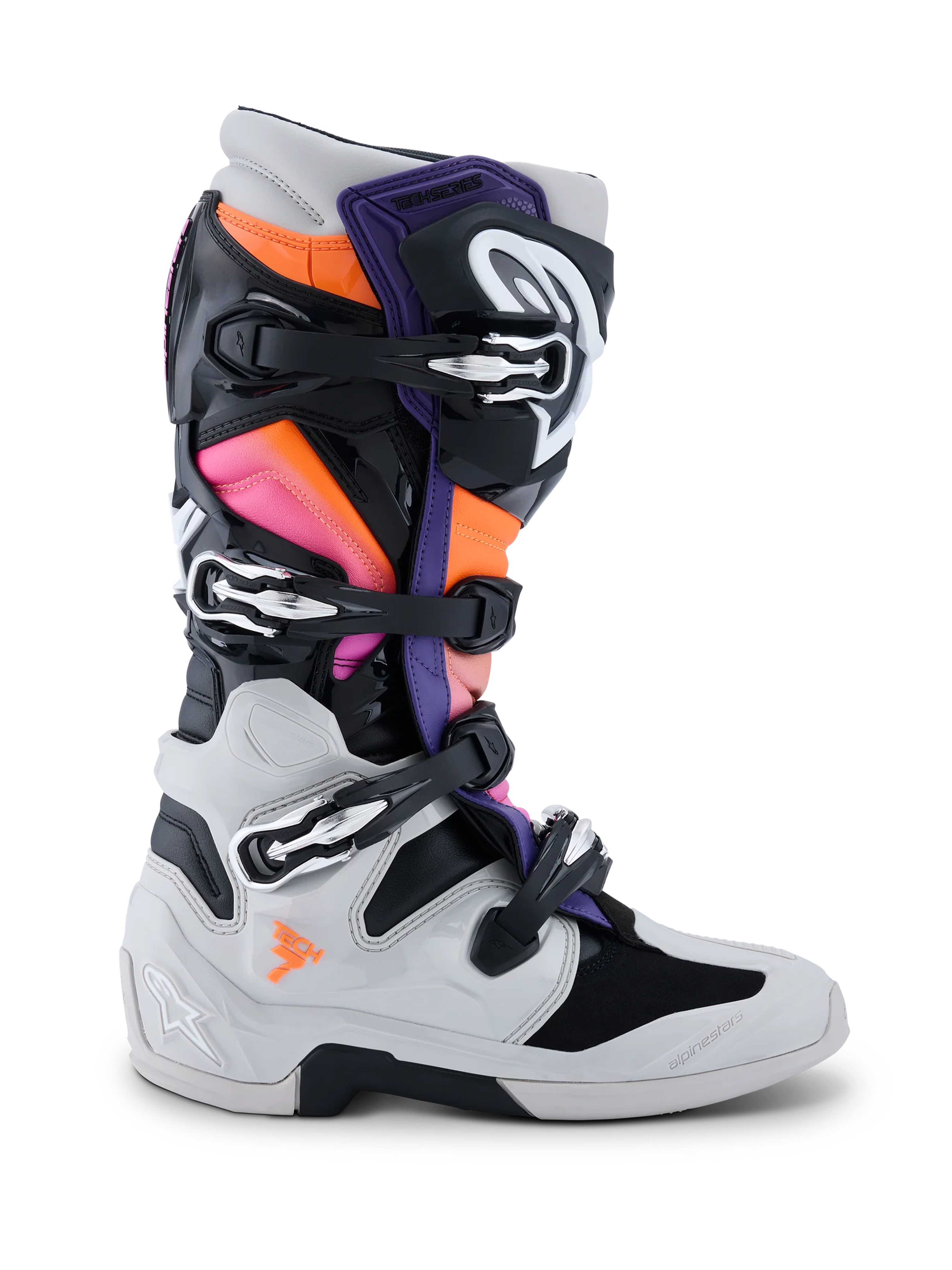 Alpinestars Tech 7 støvler, motocross-støvler, sort, lysegrå, neon orange og magenta, set fra siden, med et lukkesystem med flere spænder, TPU-beskyttelsesskal og livlige farvepaneler til off-road kørsel