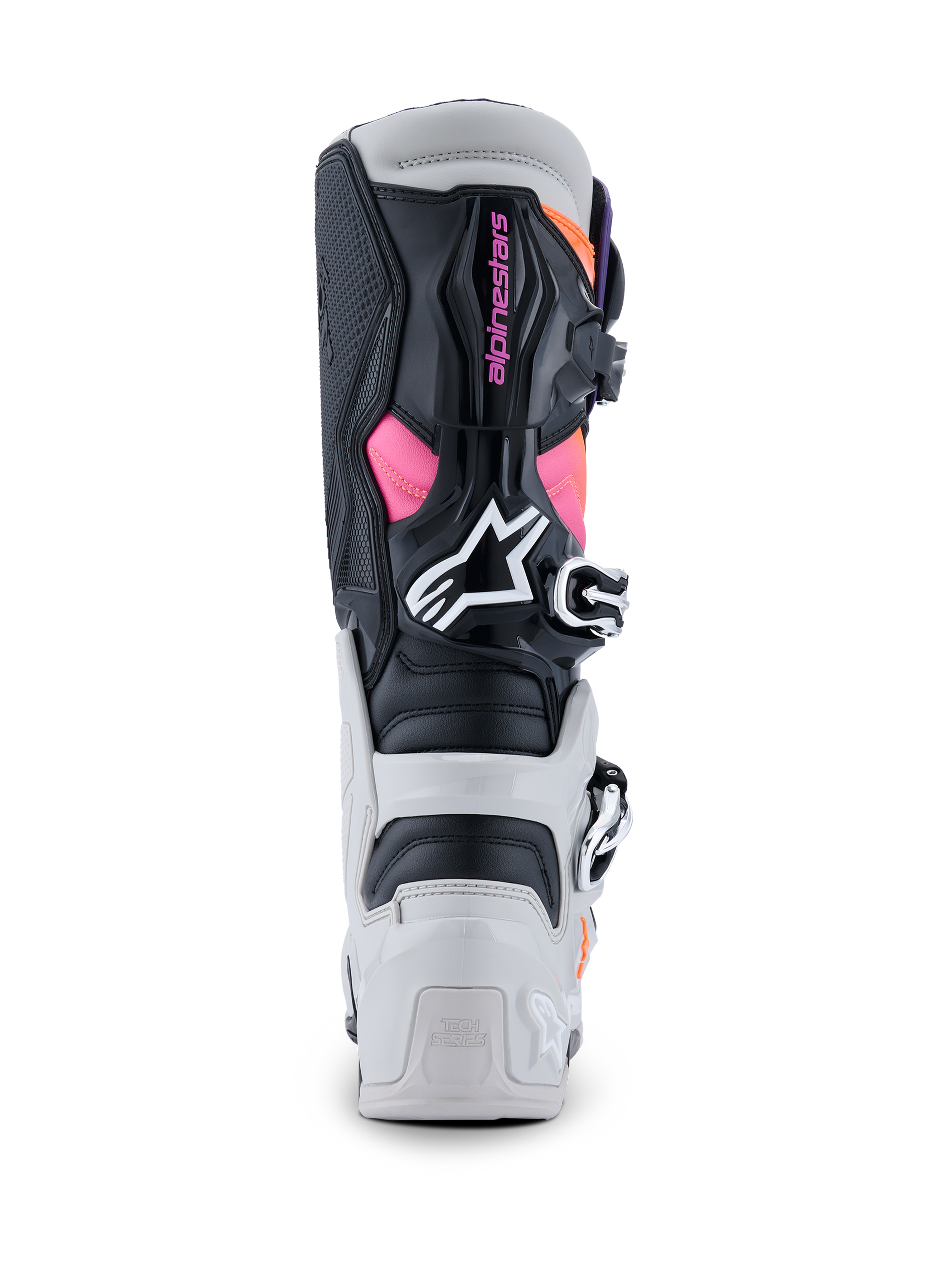 Alpinestars Tech 7 støvler, motocross-støvler, sort, lysgrå, orange fluo og magenta, set bagfra viser TPU-hæl- og lægbeskyttere, pink Alpinestars-branding, hvidt logo og et holdbart spændesystem