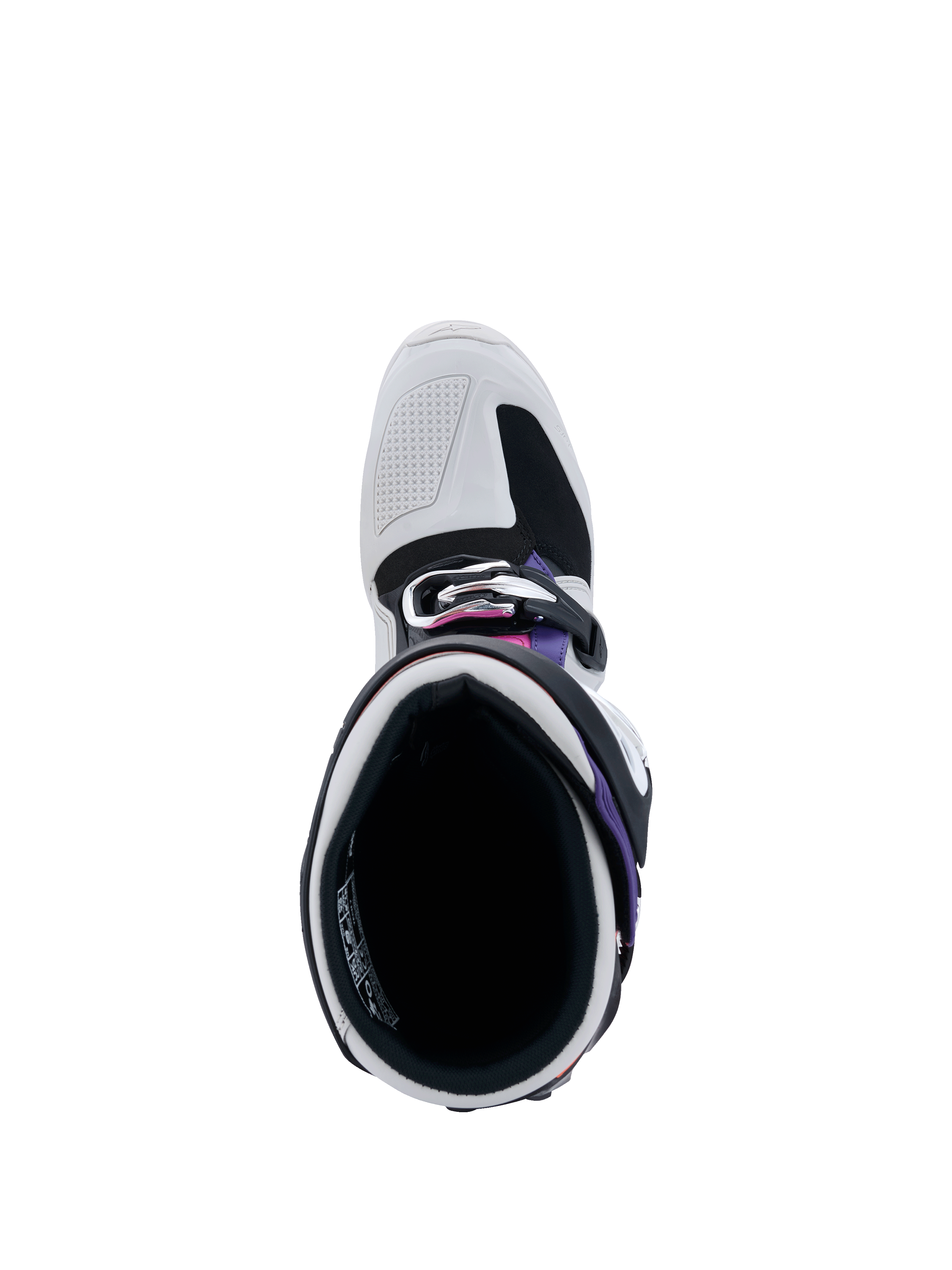 Alpinestars Tech 7 støvler, set ovenfra ned i støvleåbningen, lysgrå og sort med lilla og magenta detaljer, viser indvendig polstring, spændesystem og forstærket tåboks til off-road racing