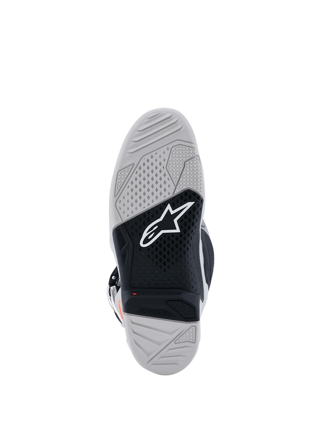 Alpinestars Tech 7-støvler, sålvisning, motocross-støvler, lysegrå og sort, med en dobbeltforbindelses vulkaniseret gummisål, hvidt Alpinestars-logo, rød slidgrænseindikator og tekstureret mønster med højt greb.