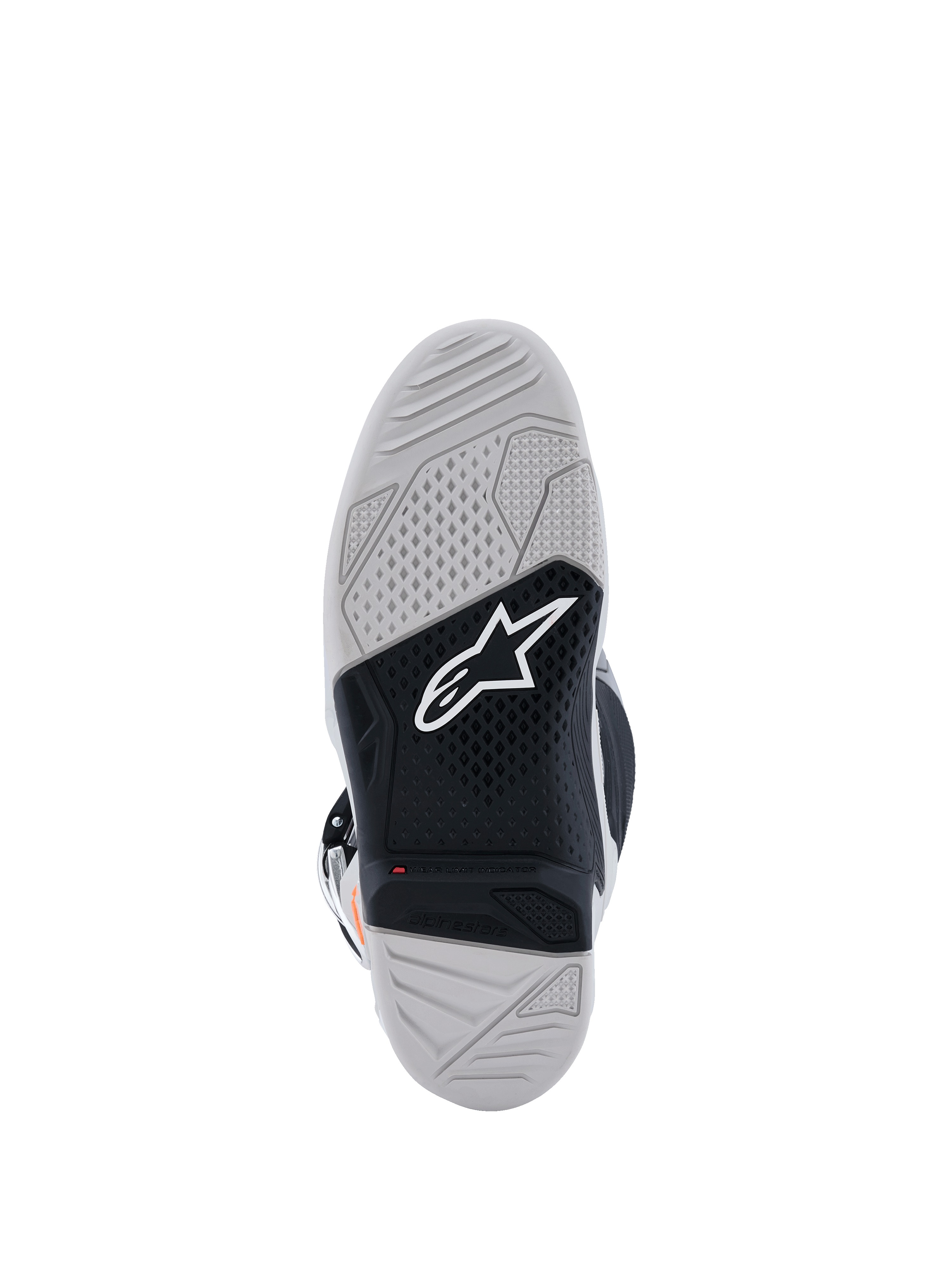 Alpinestars Tech 7-støvler, sålvisning, motocross-støvler, lysegrå og sort, med en dobbeltforbindelses vulkaniseret gummisål, hvidt Alpinestars-logo, rød slidgrænseindikator og tekstureret mønster med højt greb.