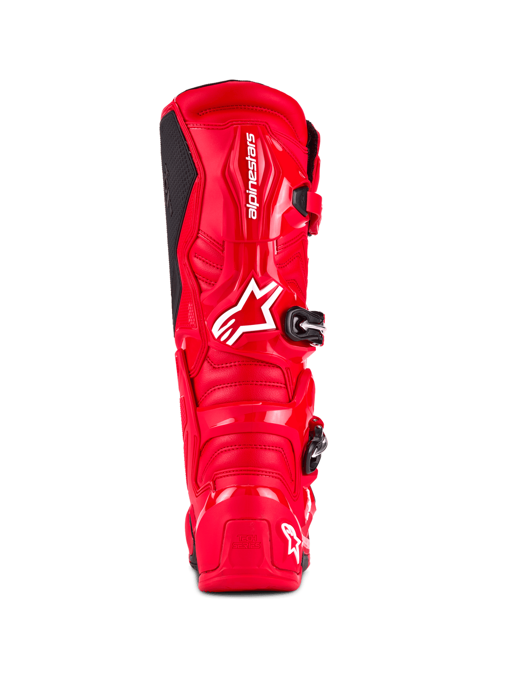Alpinestars Tech 7-støvler, motocross-støvler, klar rød, set bagfra med en slagfast TPU-skal, hvidt Alpinestars-branding på læggen og 'Tech Series'-logo på hælen, designet til off-road ydeevne og beskyttelse.