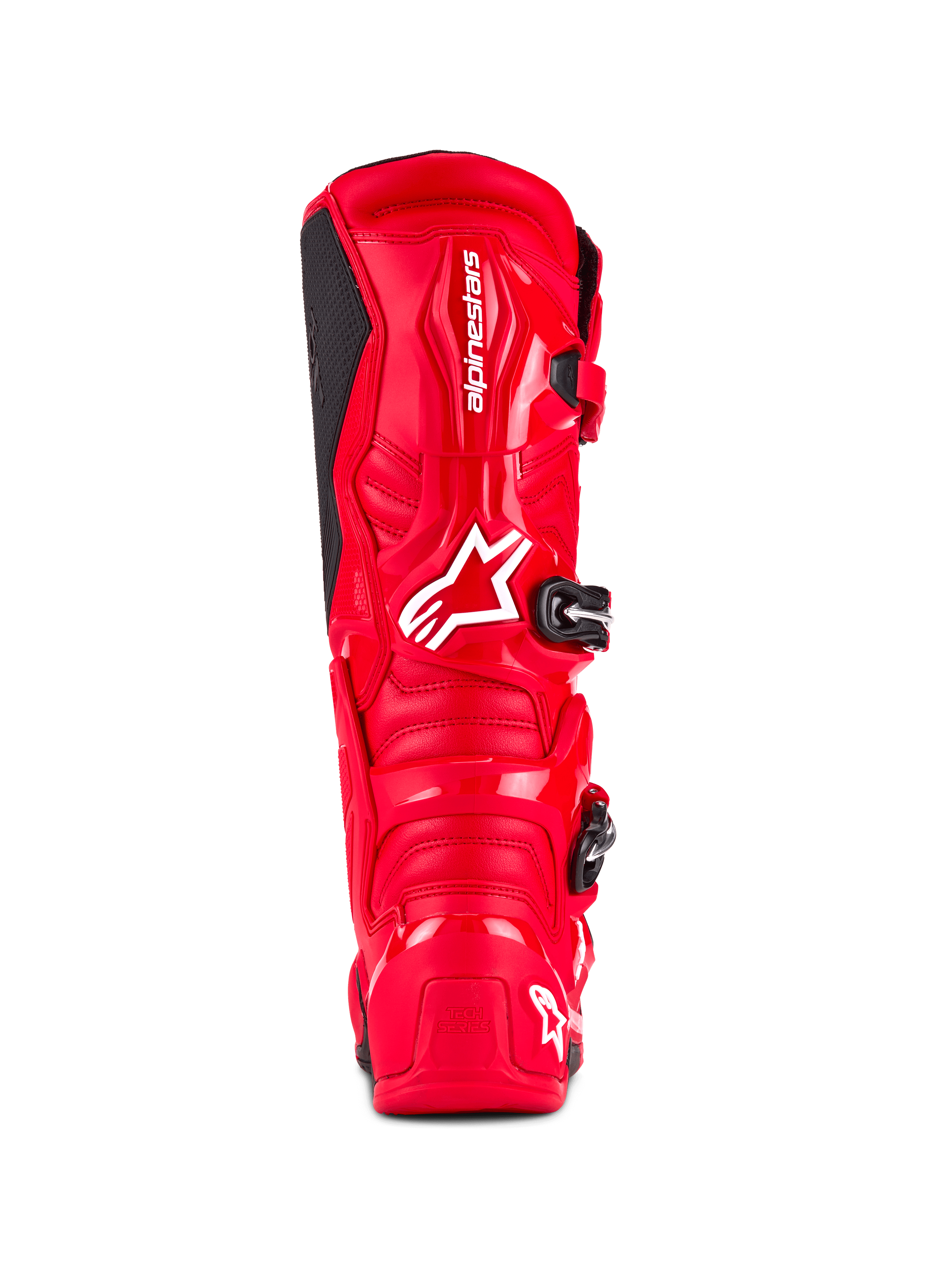 Alpinestars Tech 7-støvler, motocross-støvler, klar rød, set bagfra med en slagfast TPU-skal, hvidt Alpinestars-branding på læggen og 'Tech Series'-logo på hælen, designet til off-road ydeevne og beskyttelse.