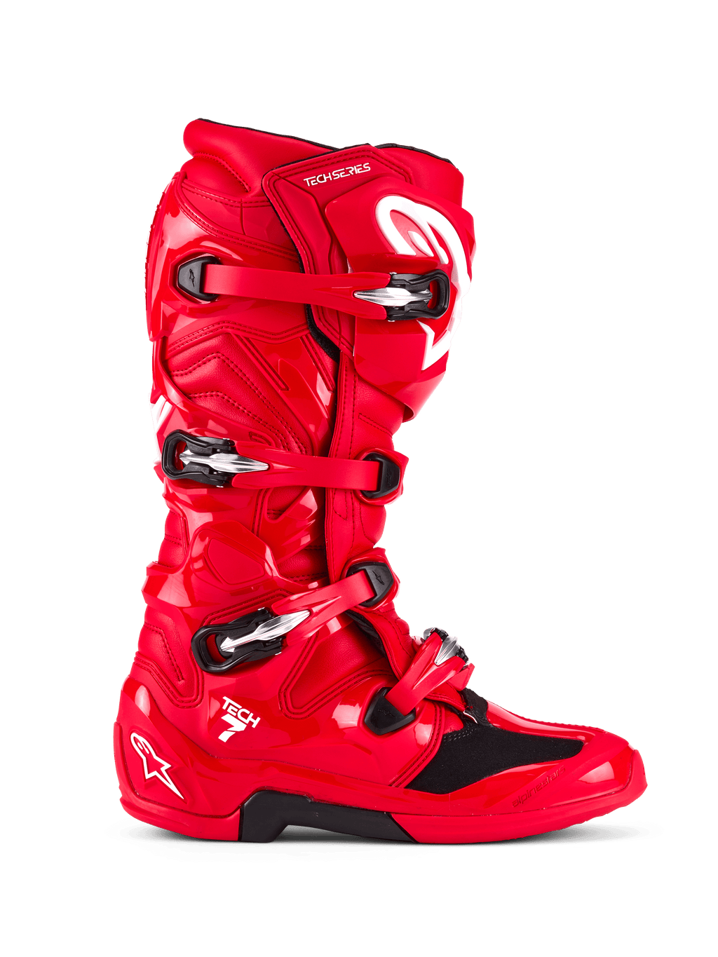 Alpinestars Tech 7 støvler, motocross-støvler, klar rød, set fra siden, med et lukkesystem med fire spænder, beskyttende TPU-skal, hvidt Alpinestars-logo og "Tech 7"-branding, holdbart fodtøj til off-road racing
