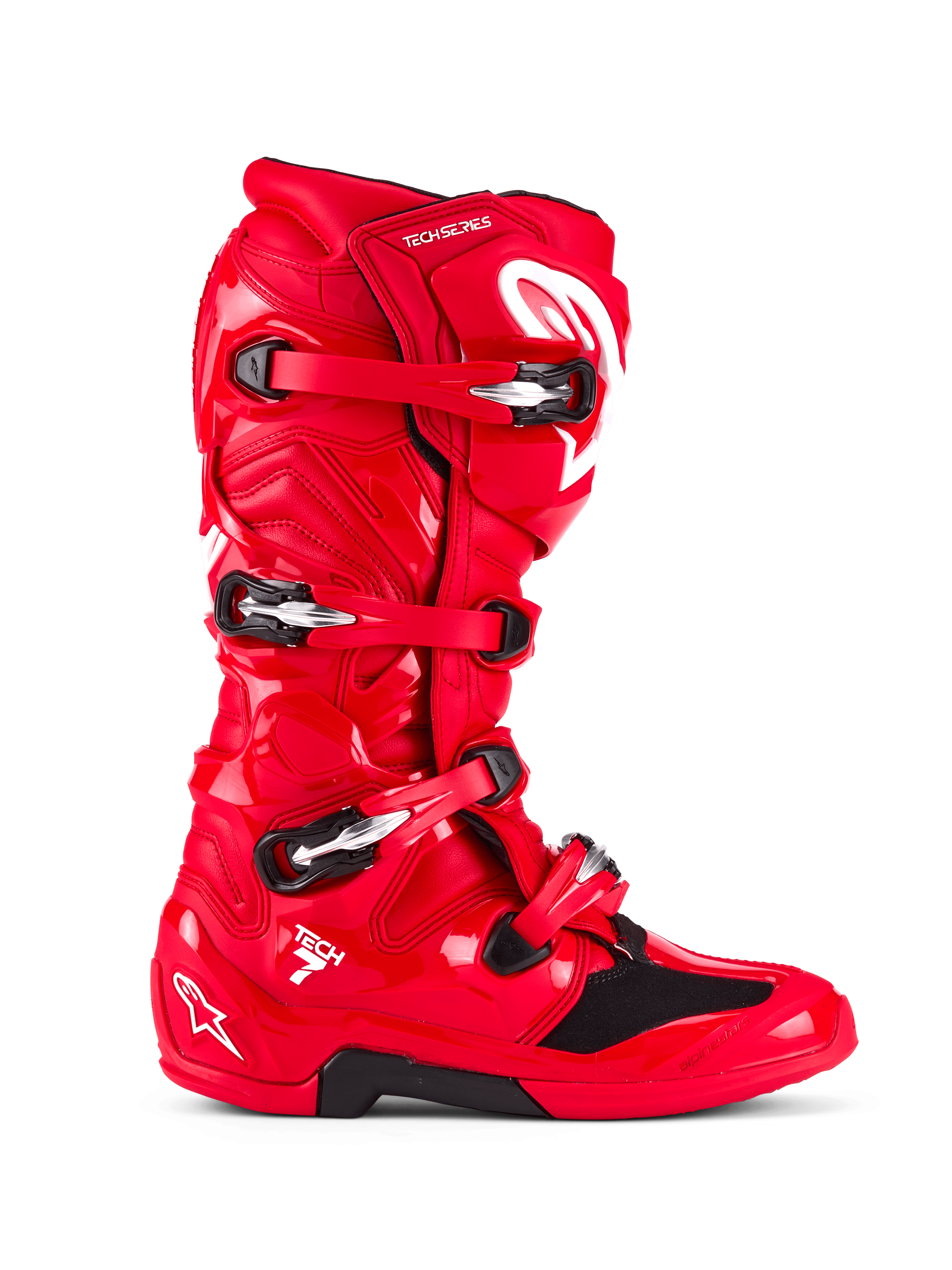 Alpinestars Tech 7 støvler, motocross-støvler, klar rød, set fra siden, med et lukkesystem med fire spænder, beskyttende TPU-skal, hvidt Alpinestars-logo og "Tech 7"-branding, holdbart fodtøj til off-road racing