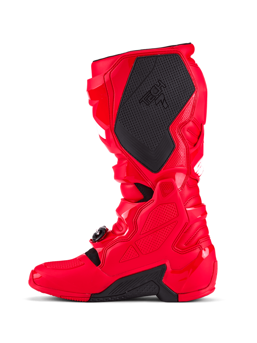 Alpinestars Tech 7-støvler, motocross-støvler, klar rød, medial sidevisning med et stort sort tekstureret grebspanel med Tech 7-branding, TPU-beskyttelsesskal og justerbart spændelukningssystem til off-road racing