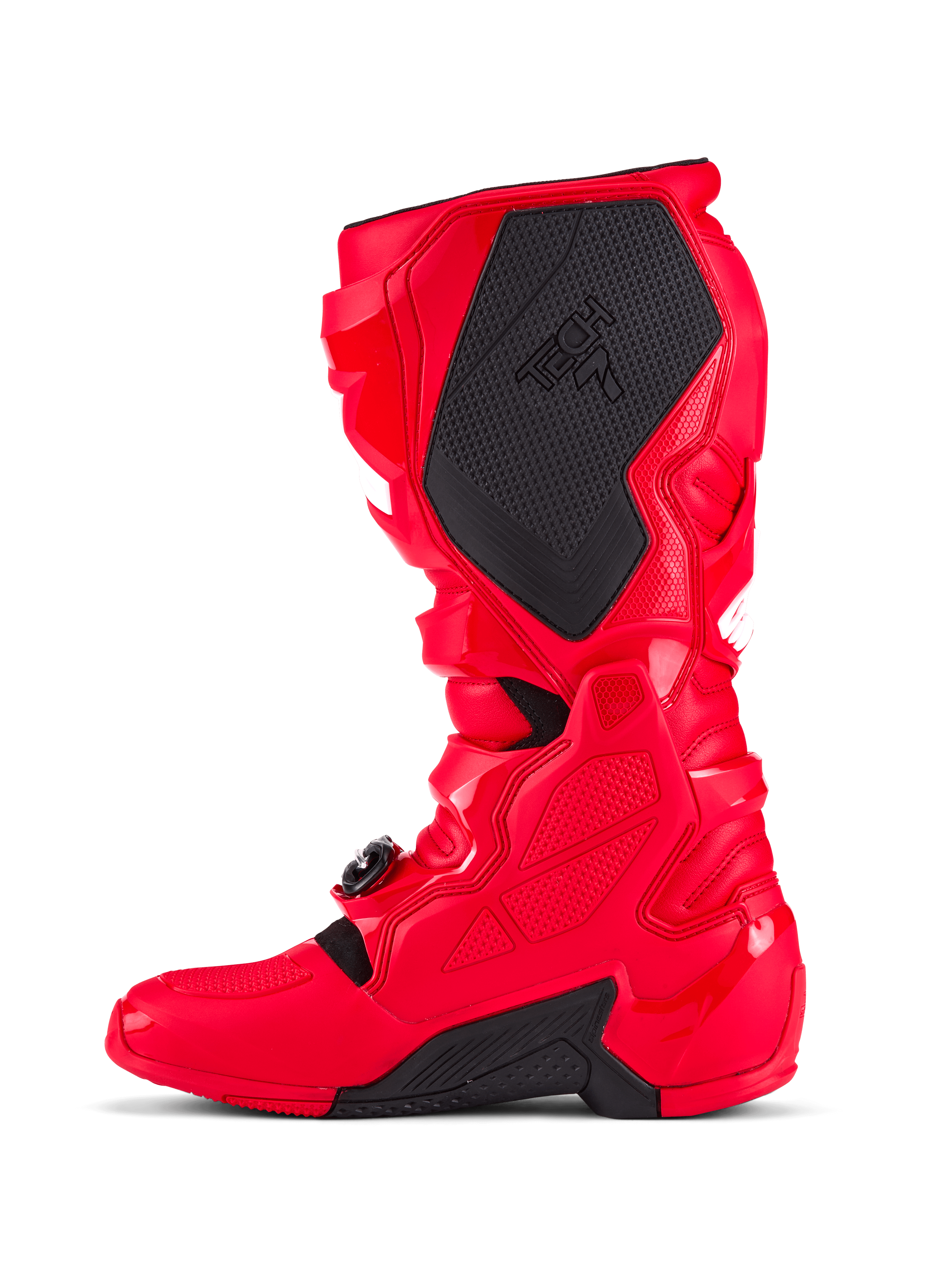Alpinestars Tech 7-støvler, motocross-støvler, klar rød, medial sidevisning med et stort sort tekstureret grebspanel med Tech 7-branding, TPU-beskyttelsesskal og justerbart spændelukningssystem til off-road racing