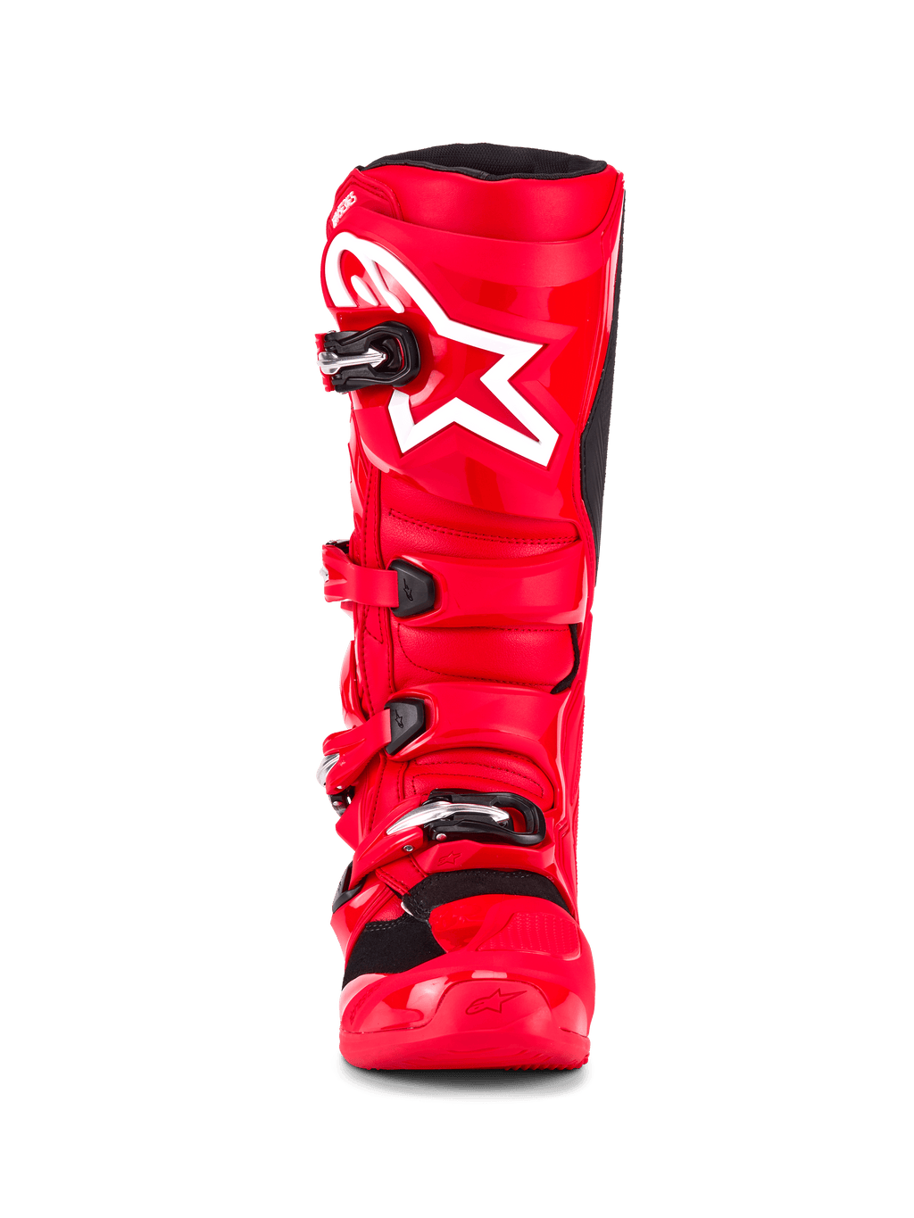 Alpinestars Tech 7 støvler, motocross-støvler, klar rød, set forfra med hvidt stjernelogo på skinnebenet, sorte spændelukninger og højtydende TPU-beskyttelsesskal