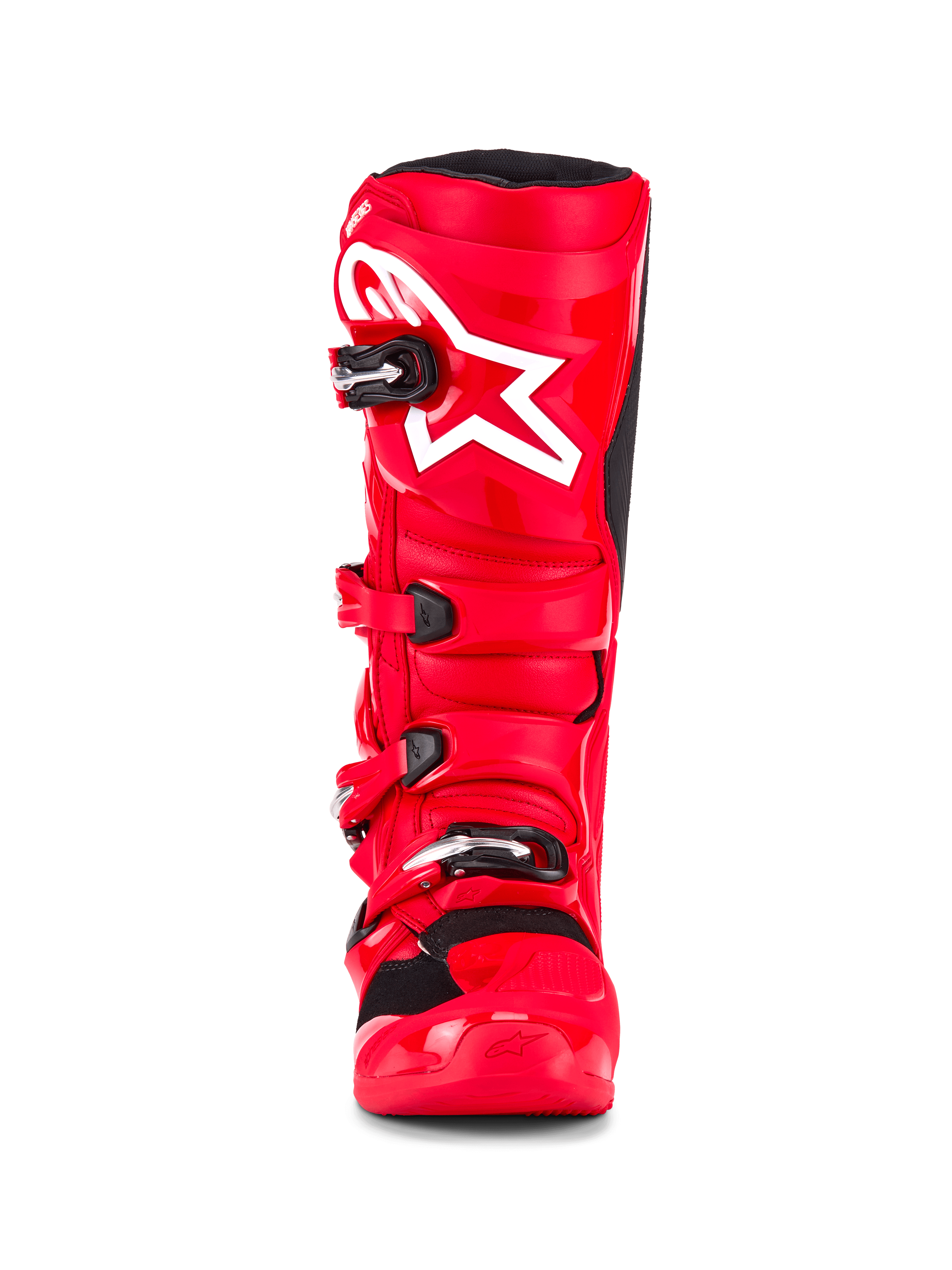 Alpinestars Tech 7 støvler, motocross-støvler, klar rød, set forfra med hvidt stjernelogo på skinnebenet, sorte spændelukninger og højtydende TPU-beskyttelsesskal