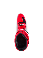 Alpinestars Tech 7 støvler, motocross-støvler, klar rød, set fra oven med kig til indvendig foring og spændelukning, holdbar TPU-konstruktion til beskyttelse under terrænkørsel