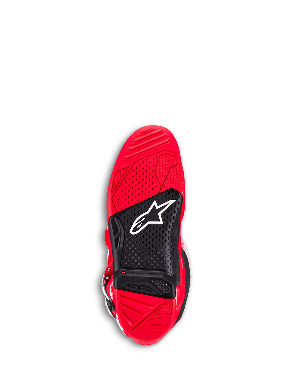 Alpinestars Tech 7 støvler, motocross-støvler, rød, undersiden af ydersålen med rød og sort dual-compound gummi, tekstureret greb til fodhvilere, hvidt Astar-logo og en synlig slidgrænseindikator.