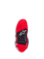 Alpinestars Tech 7 støvler, motocross-støvler, rød, undersiden af ydersålen med rød og sort dual-compound gummi, tekstureret greb til fodhvilere, hvidt Astar-logo og en synlig slidgrænseindikator.