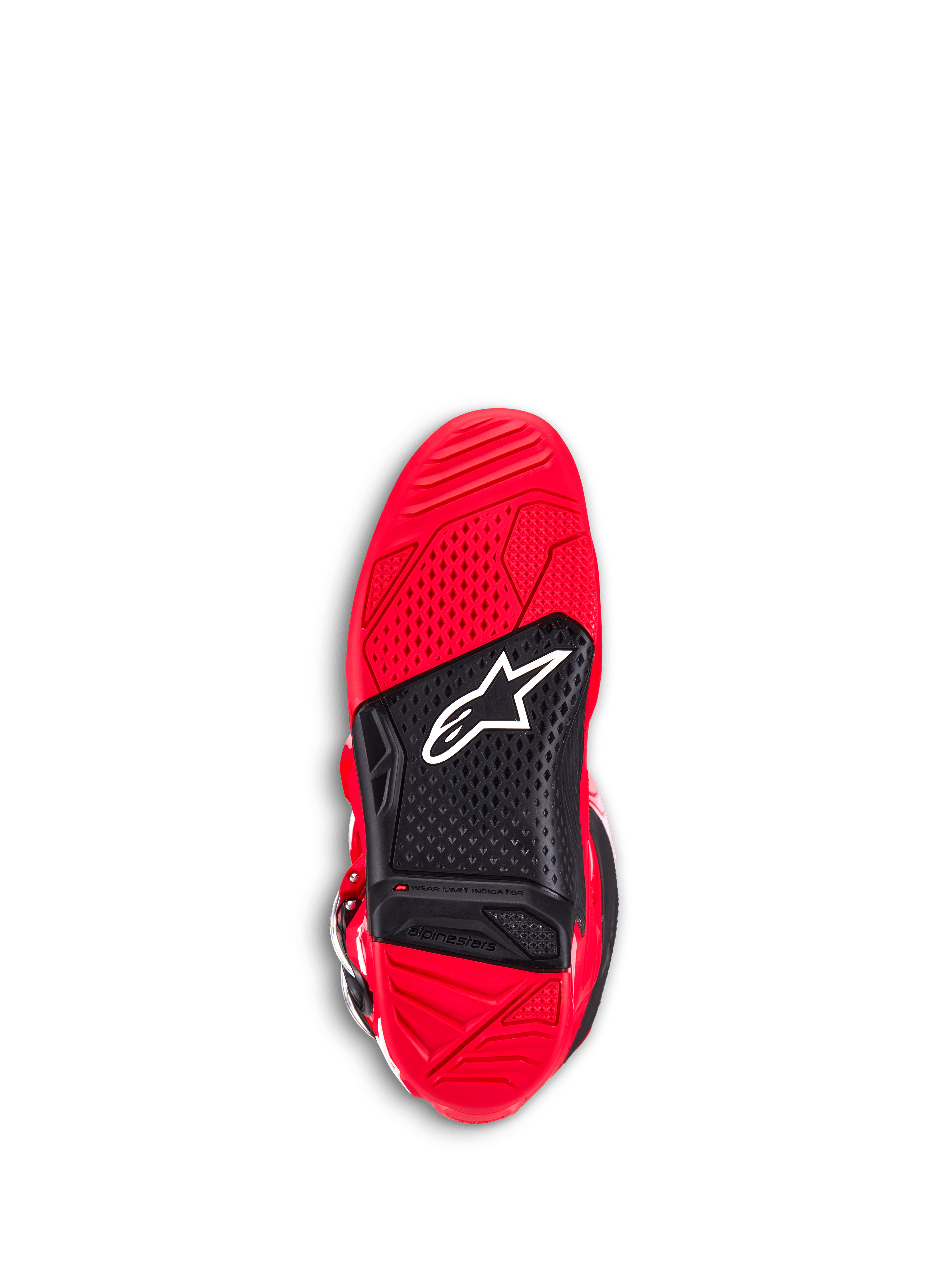 Alpinestars Tech 7 støvler, motocross-støvler, rød, undersiden af ydersålen med rød og sort dual-compound gummi, tekstureret greb til fodhvilere, hvidt Astar-logo og en synlig slidgrænseindikator.