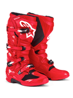 Alpinestars Tech 7-støvler, motocross-støvler, klar rød, med hvidt Astars-logo på skinnebenet, sølv- og sort spændelukningssystem og beskyttende TPU-skal til off-road-ydeevne