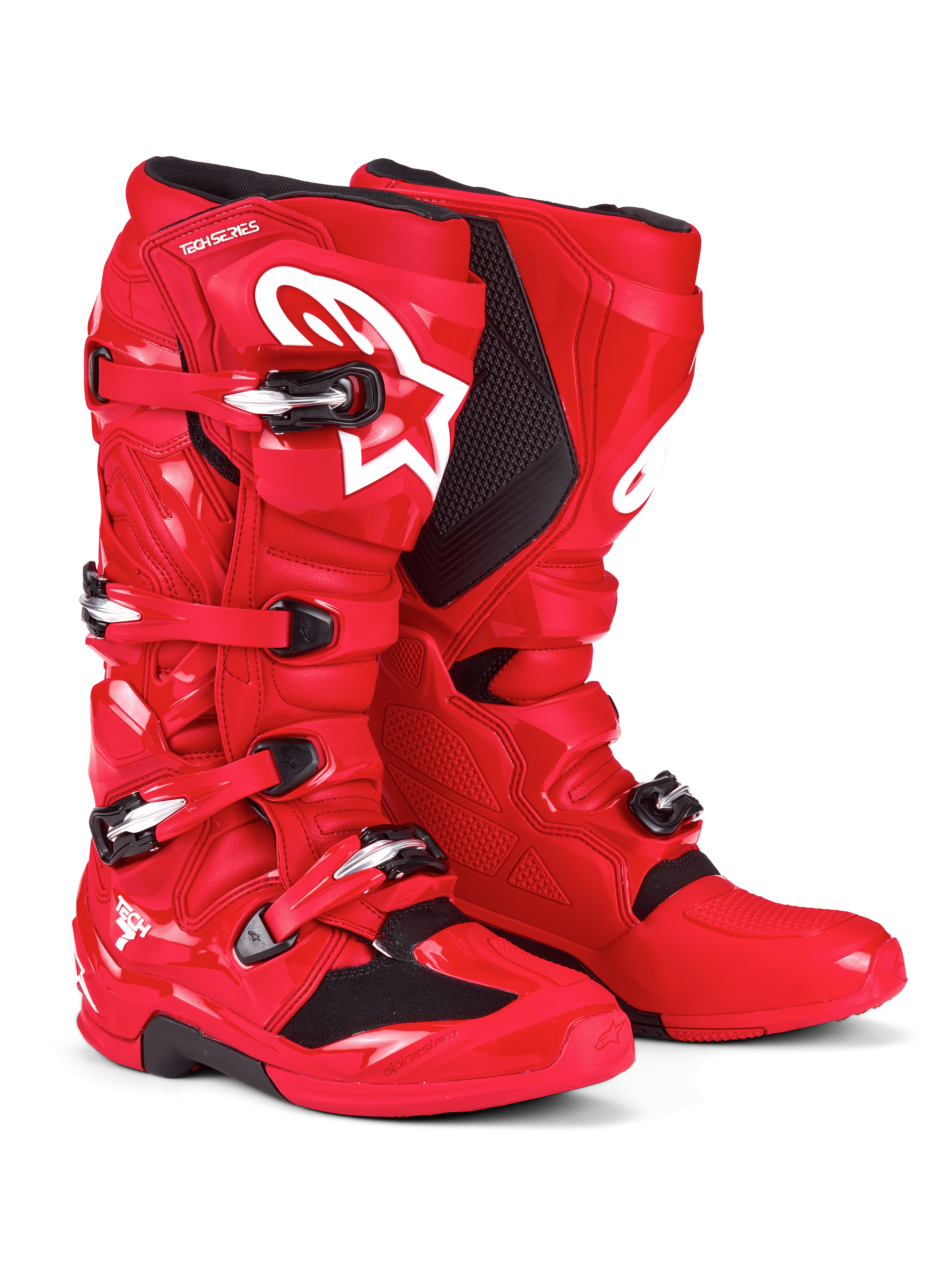 Alpinestars Tech 7-støvler, motocross-støvler, klar rød, med hvidt Astars-logo på skinnebenet, sølv- og sort spændelukningssystem og beskyttende TPU-skal til off-road-ydeevne