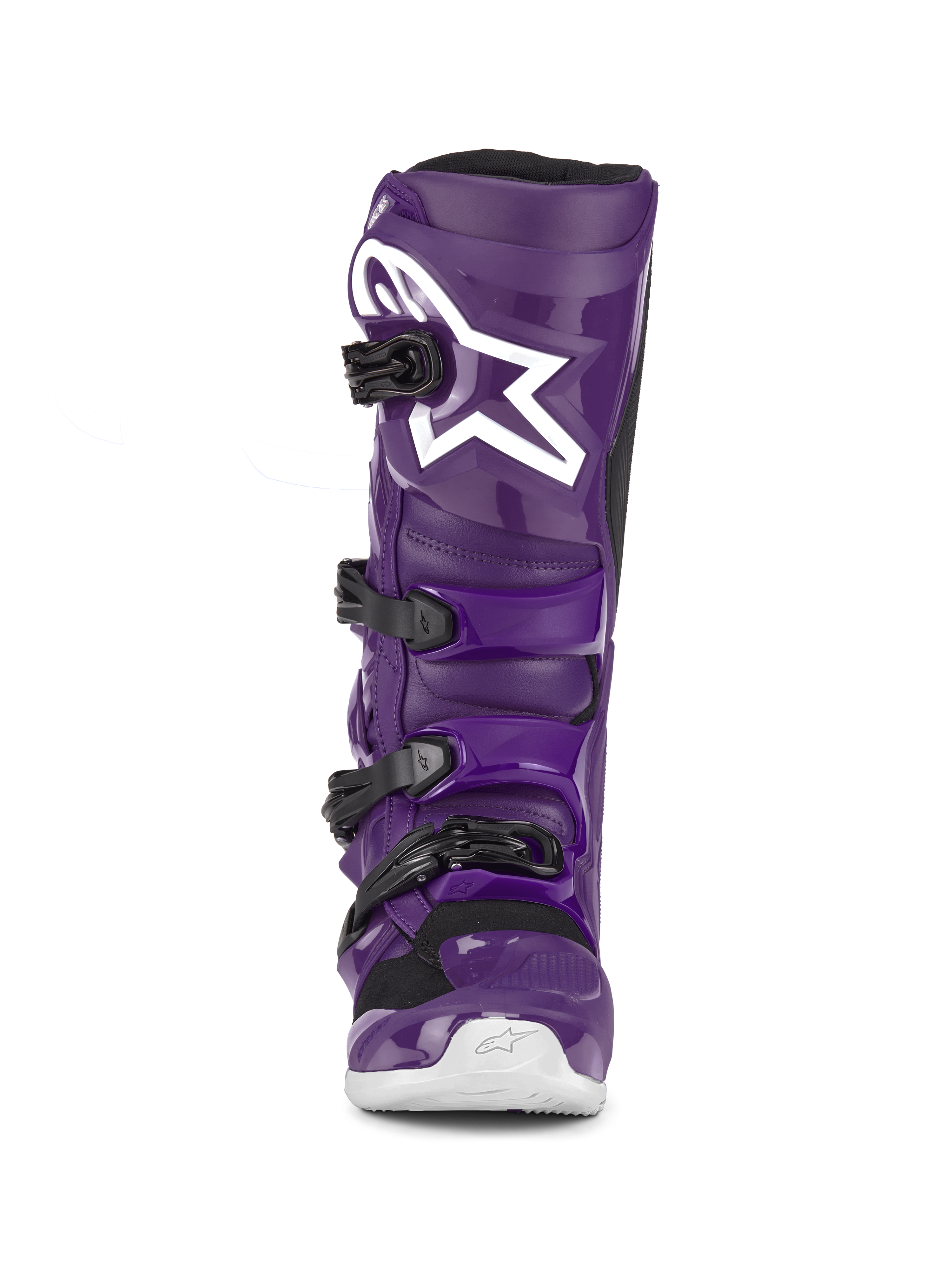 Alpinestars Tech 7 støvler, lilla motocross-støvler, set forfra, med fire sorte spænder, hvidt Alpinestars-logo på skinnebenspladen, holdbar TPU-skal og syntetisk konstruktion til off-road-beskyttelse